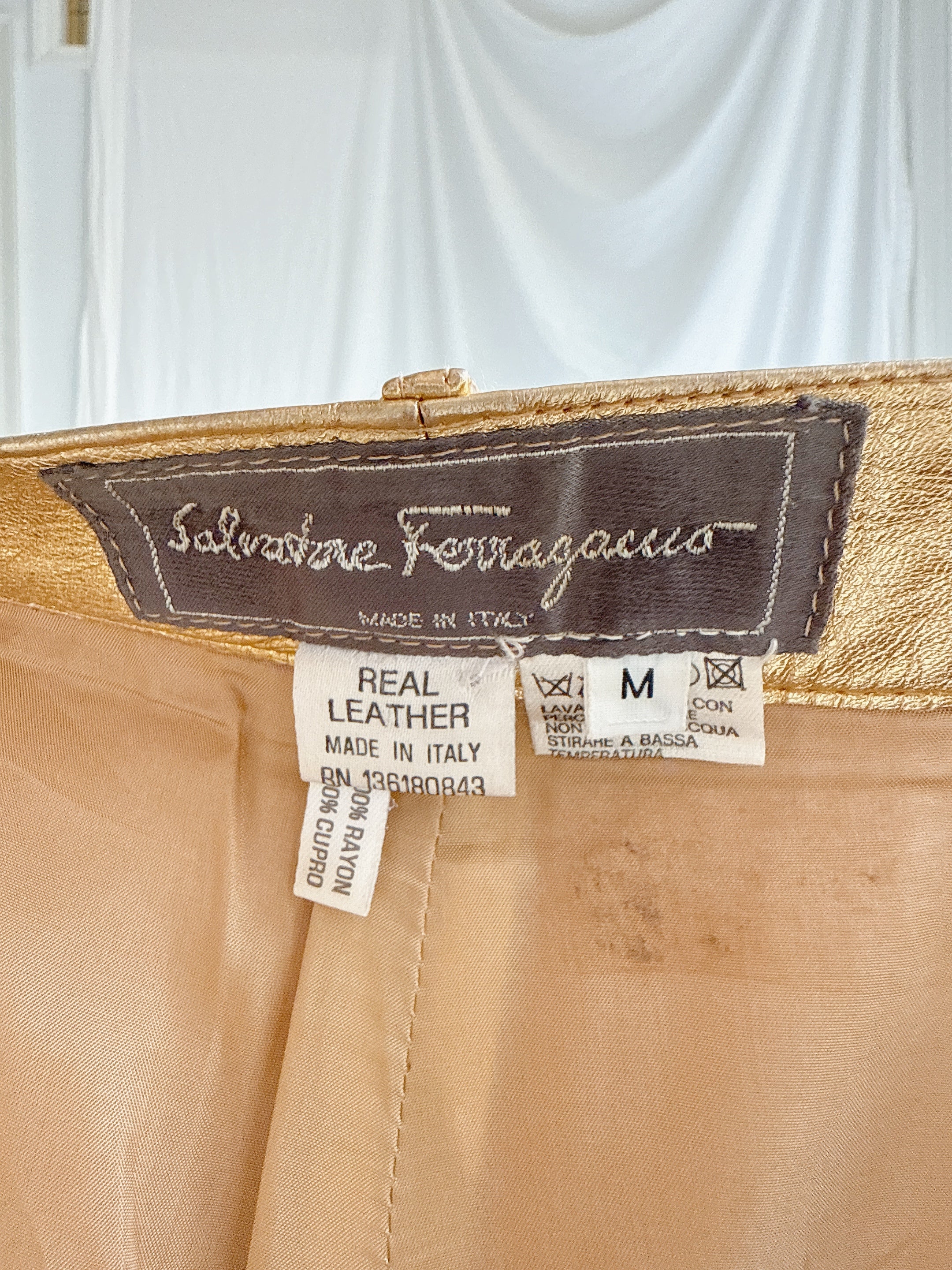 Vintage Salvatore Ferragamo Gold Leather Trousers - M