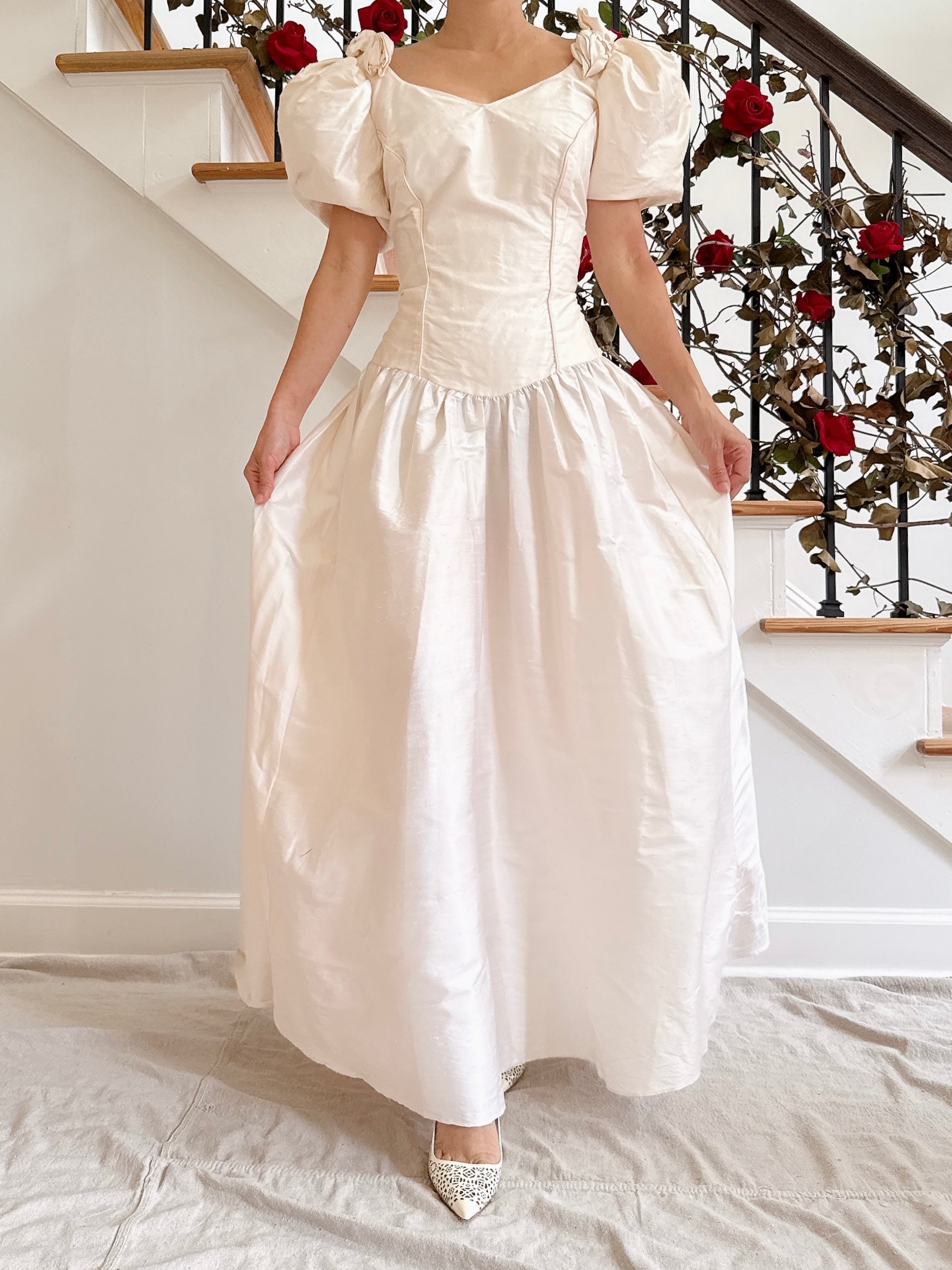 Vintage Puff Sleeve Raw Silk Dress - 34B/28W/53L