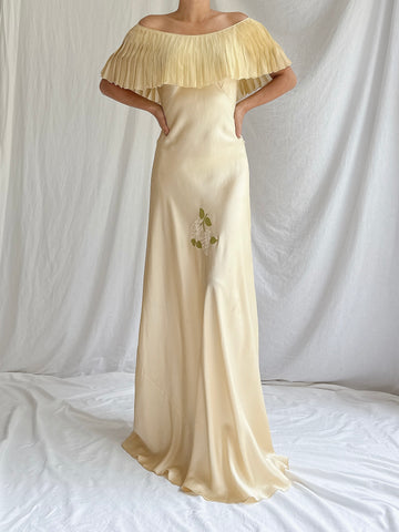 1930s Silk Butter Yellow Bias Cut Dress - M
