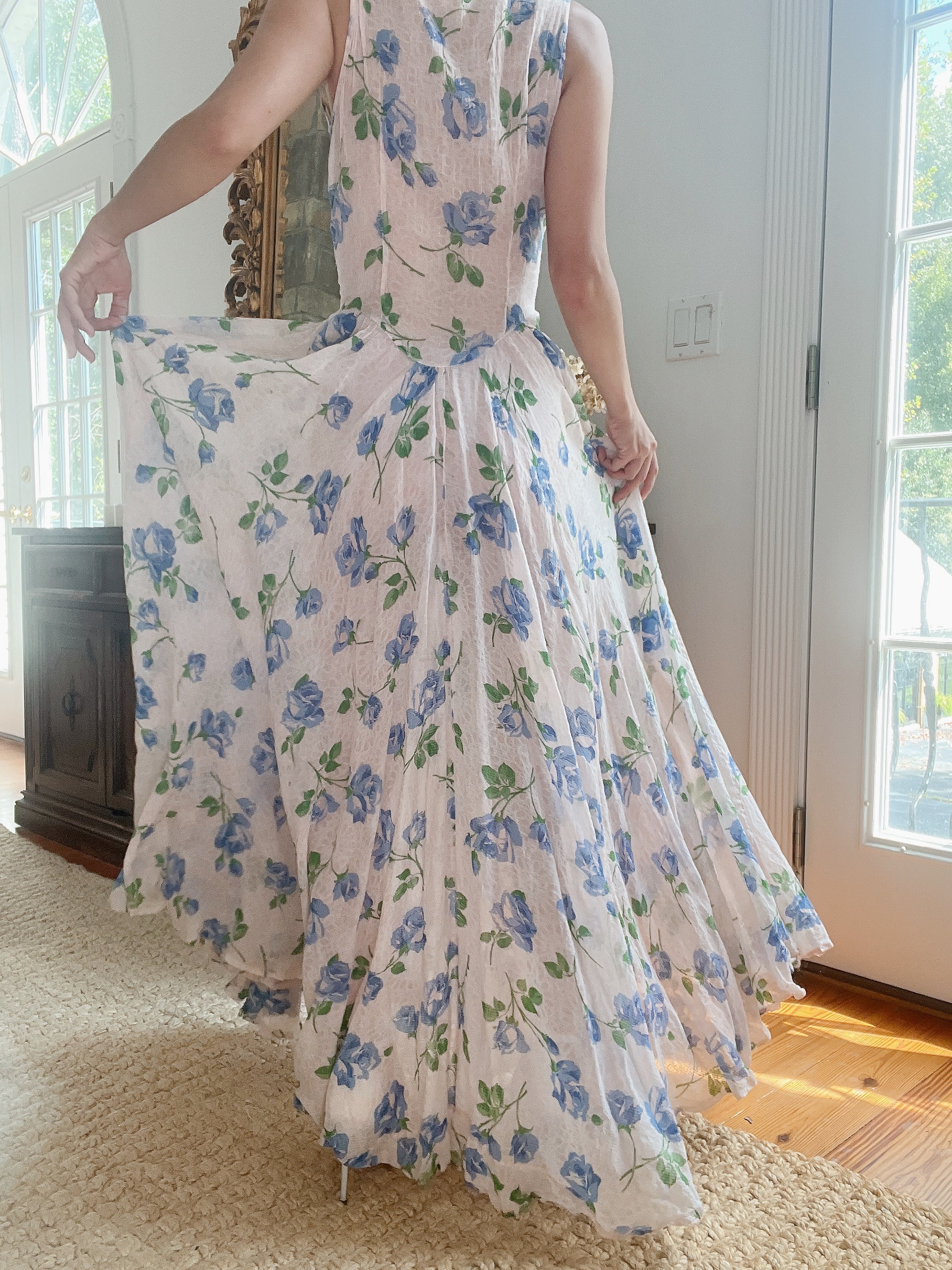 1940s Blue Floral Dress - M