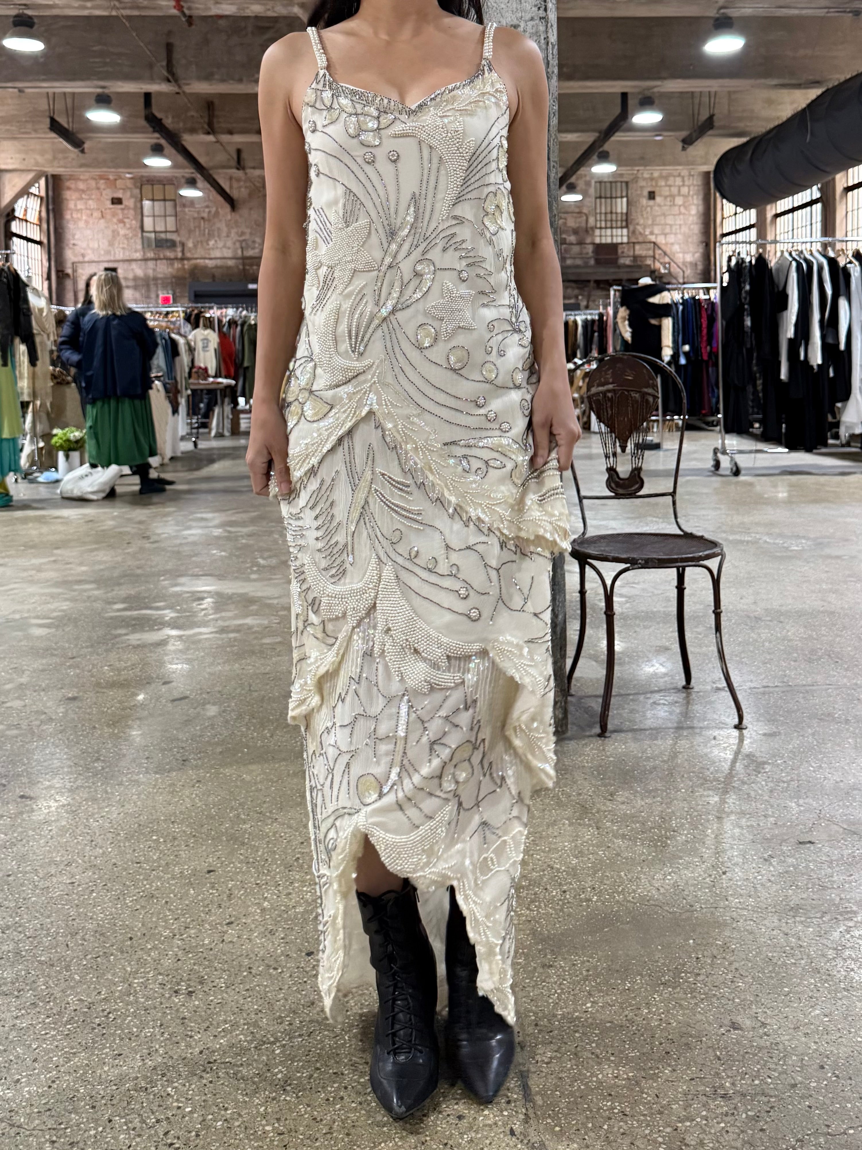 1980s Silk Chiffon Seed Pearls Stars Dress - S