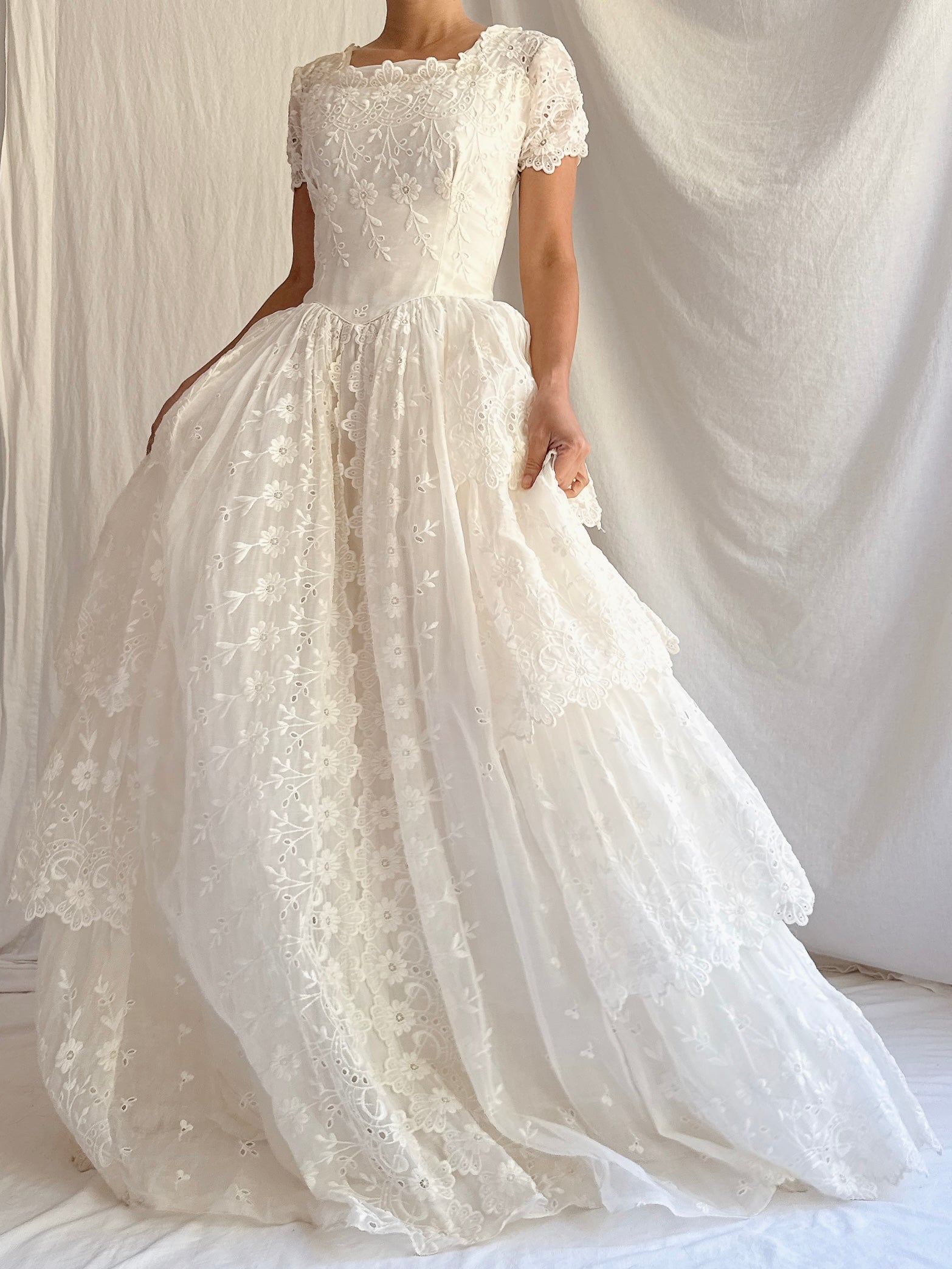 1950s Tiered Organdy Embroidered Gown - XS