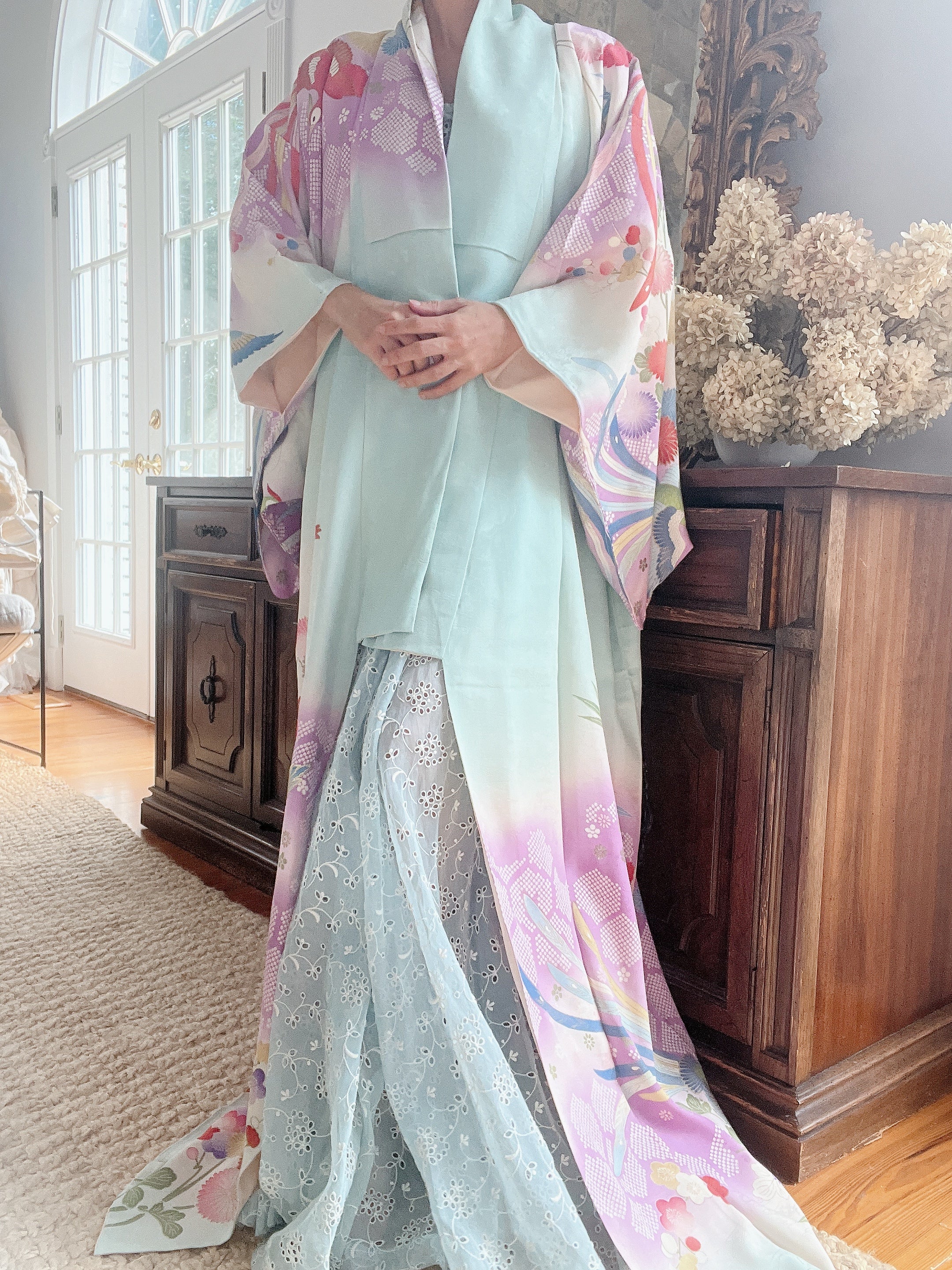 Vintage Pastel Cyan Kimono - OSFM