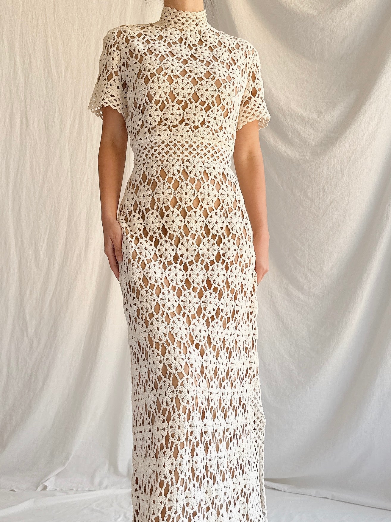 1960s Cotton Crochet Mock Neck Gown - XS/4