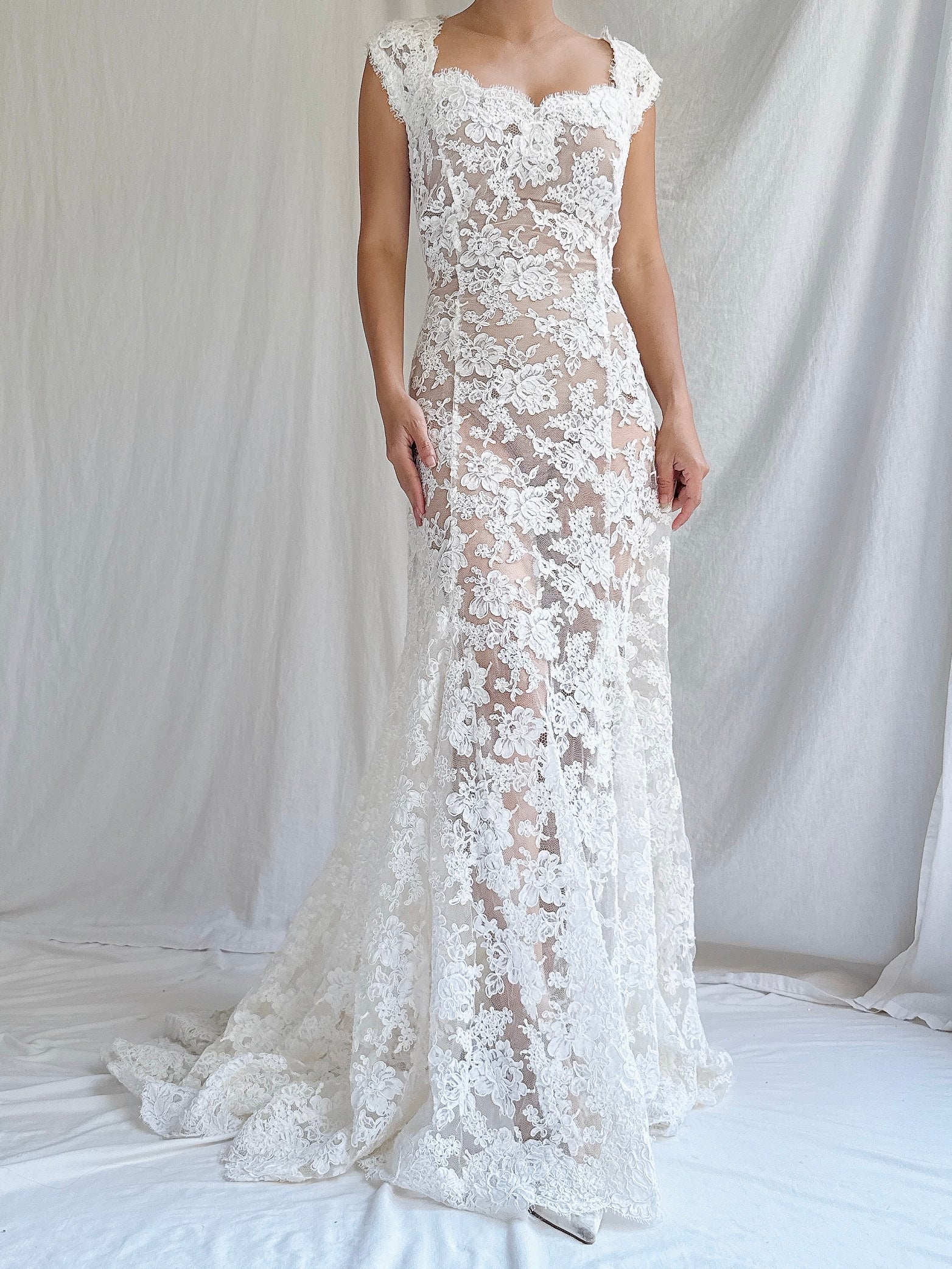 Vintage Monique Llhuilier Sheer Alencon Lace Gown - S/4