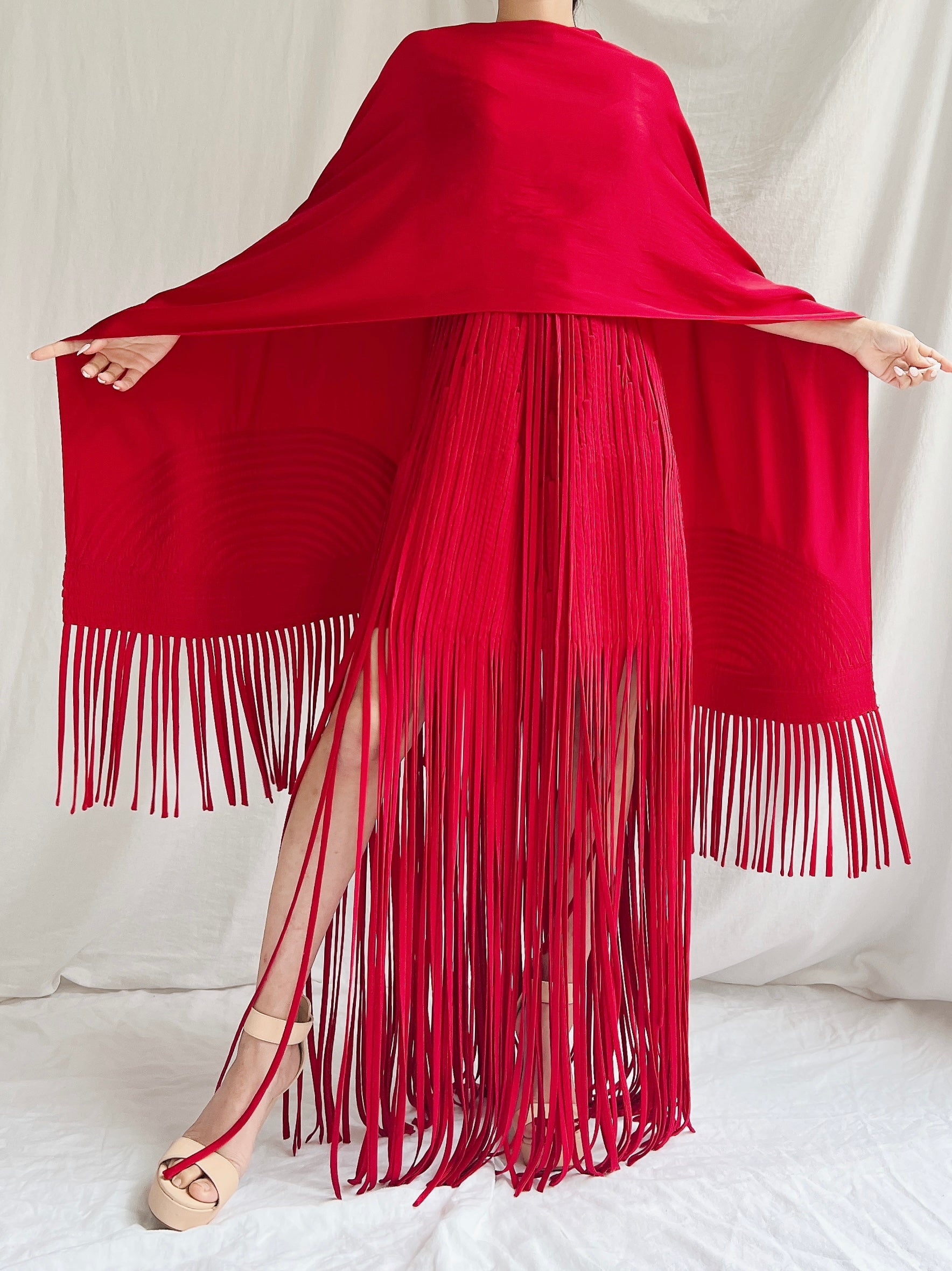 Vintage Sue Wong Silk Fringed Gown with Scarf - M Vintage Sue Wong Silk Fringed Gown with Scarf - M