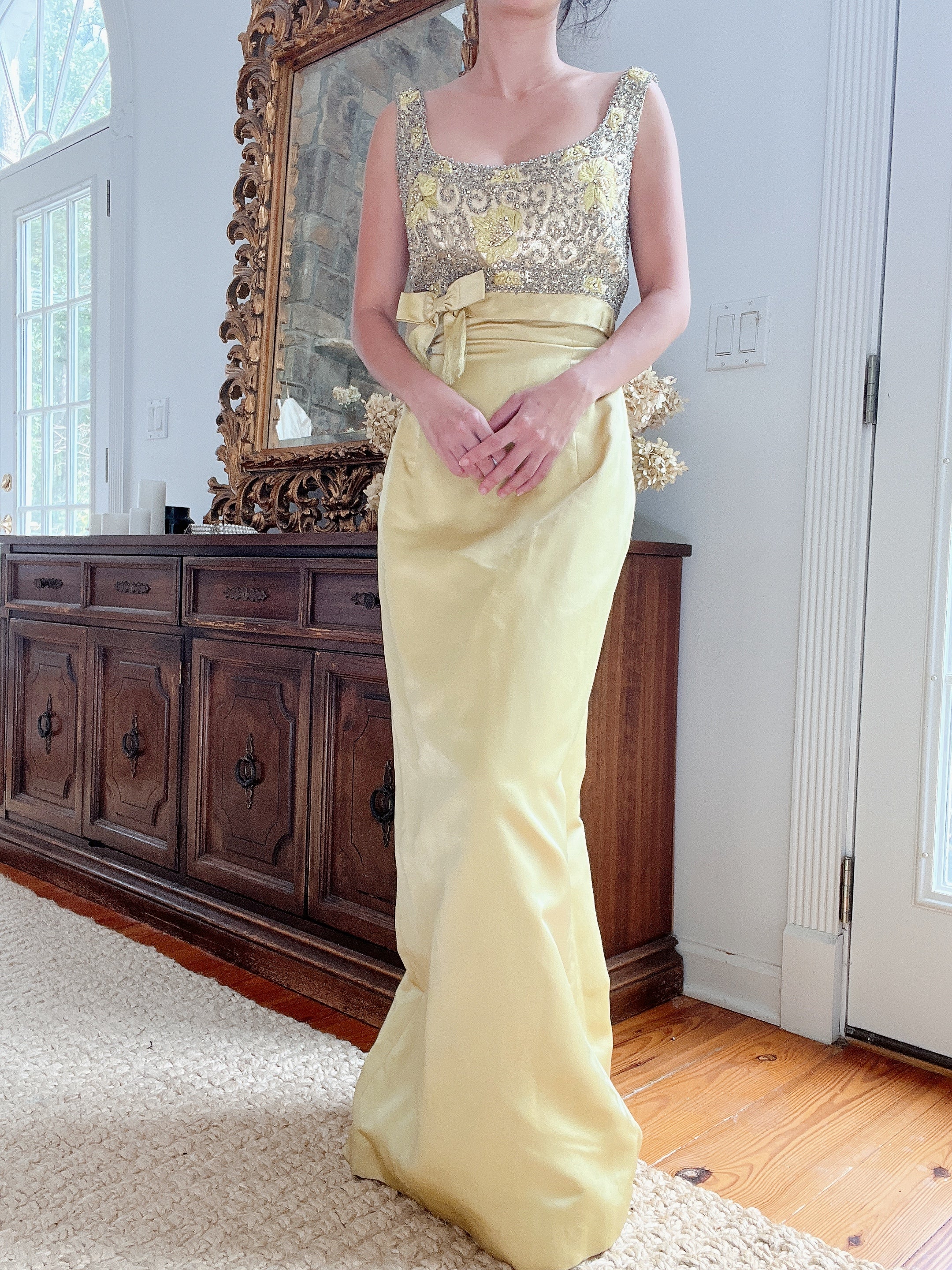 1960s Chartreuse Silk Beaded Gown S - Main Image