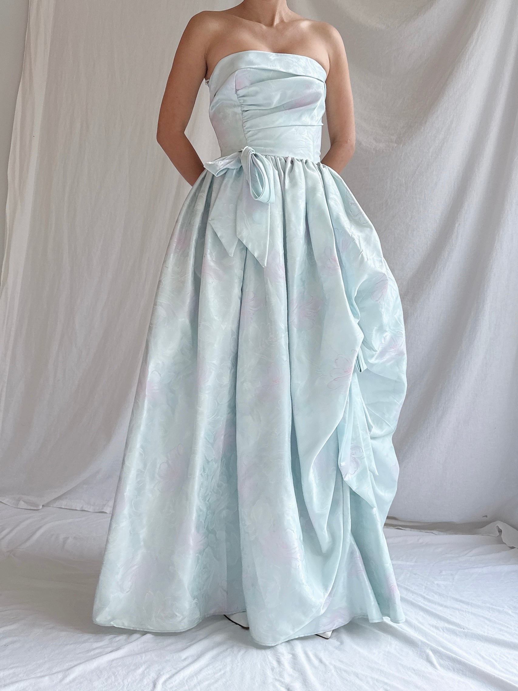 Vintage Blue Satin Floral Dress - XXS/0