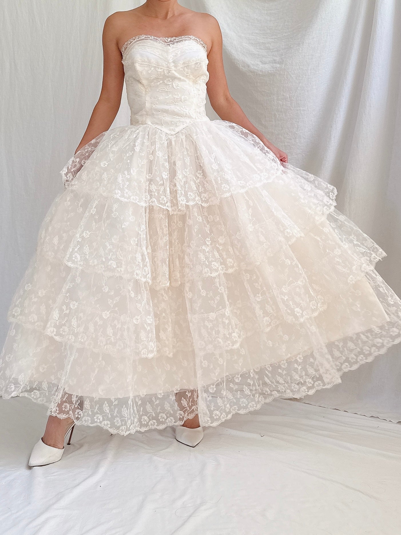 1950s Embroidered Tulle Dress -XS