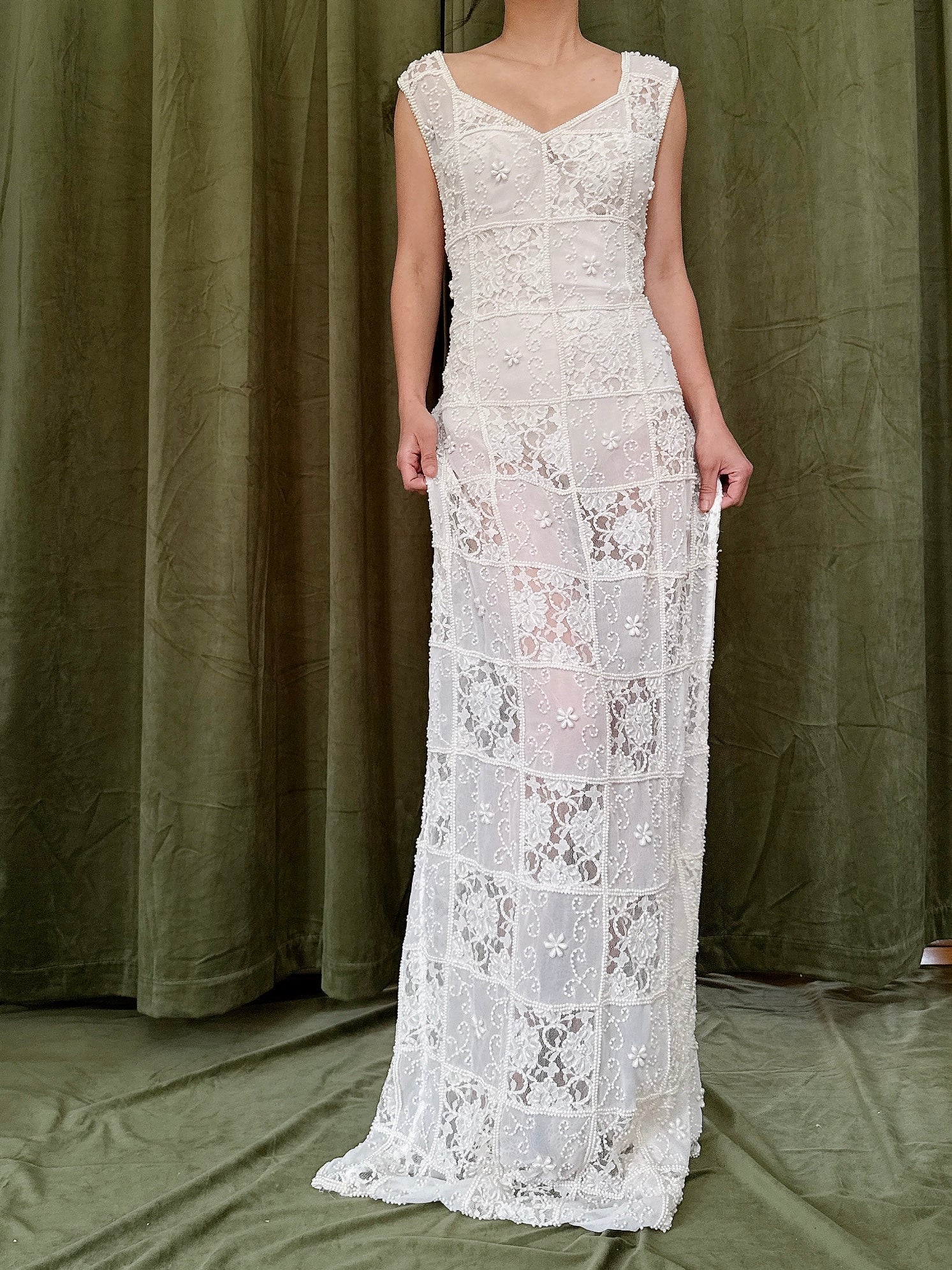 Vintage Sheer Beaded Dress - L 32W/42H/38B/61L