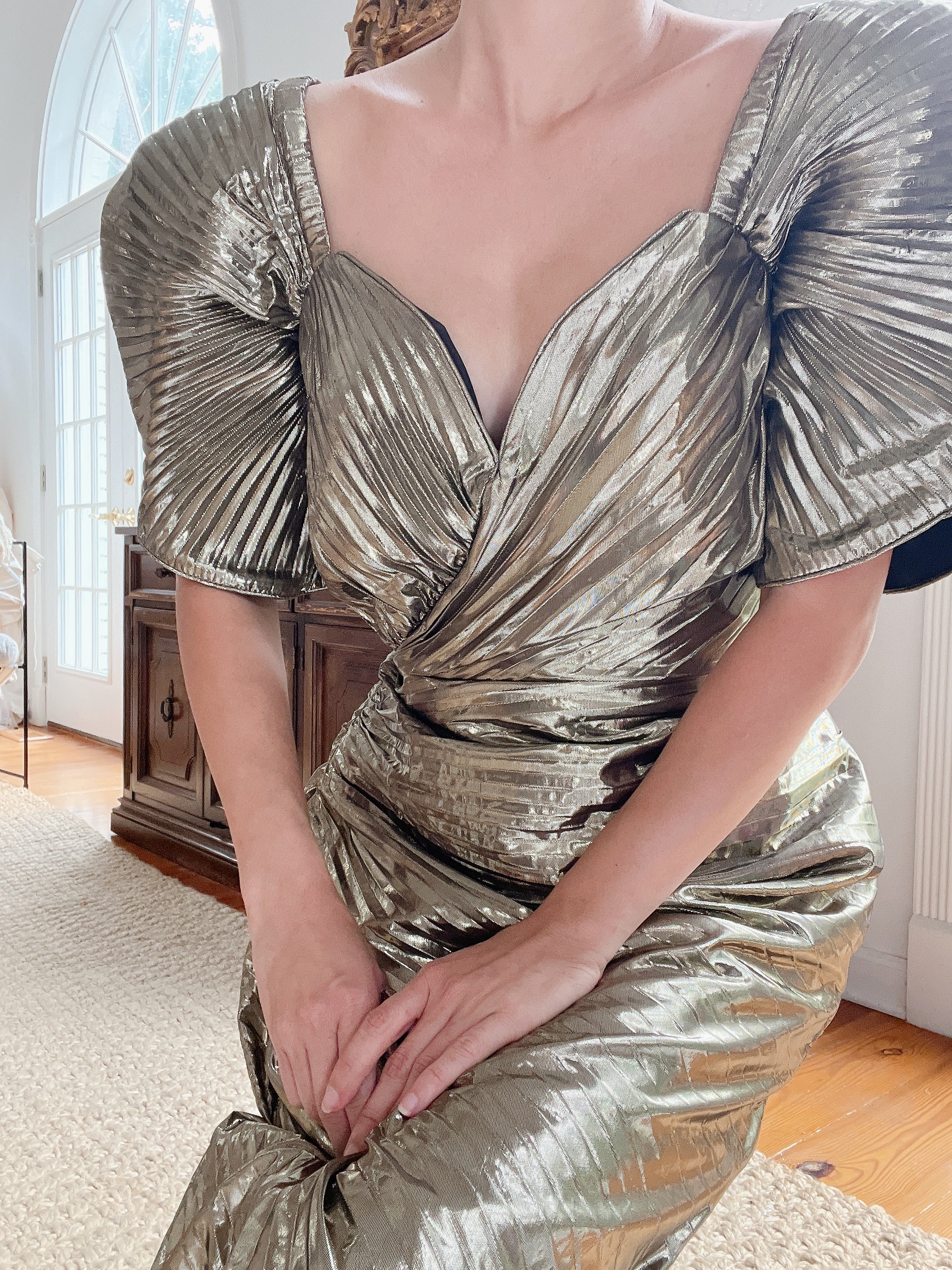 1980s Gold Metallic Pleated Dress - S/M