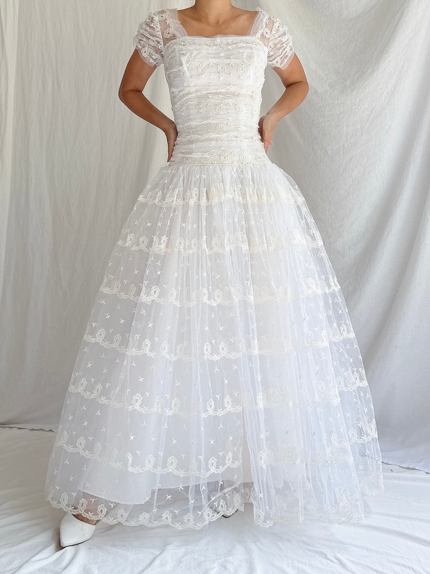 1950s Tulle Dropped Waist Embroidered Dress - S