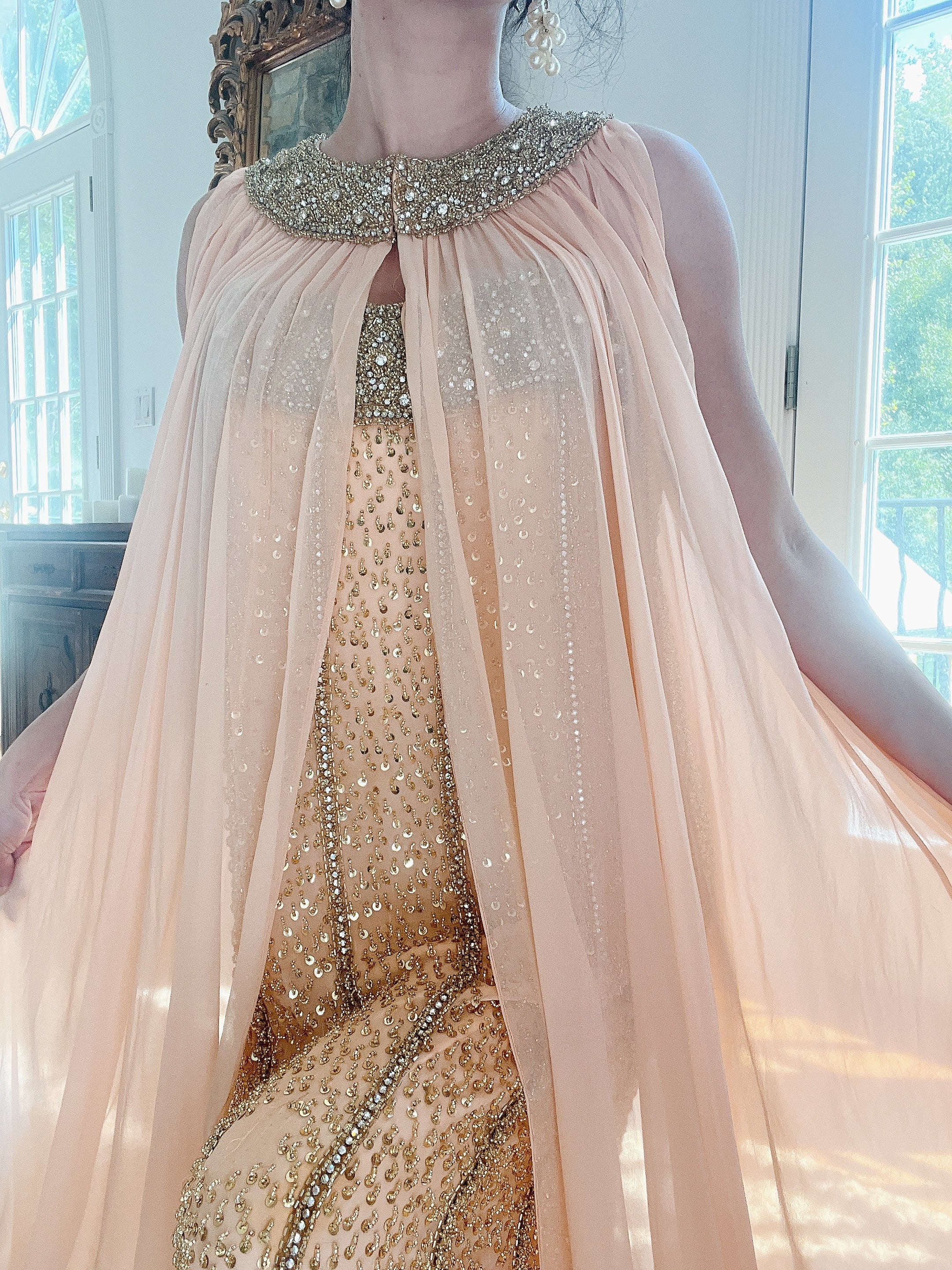 1960s Peach Beaded Gown & Cape - M/L