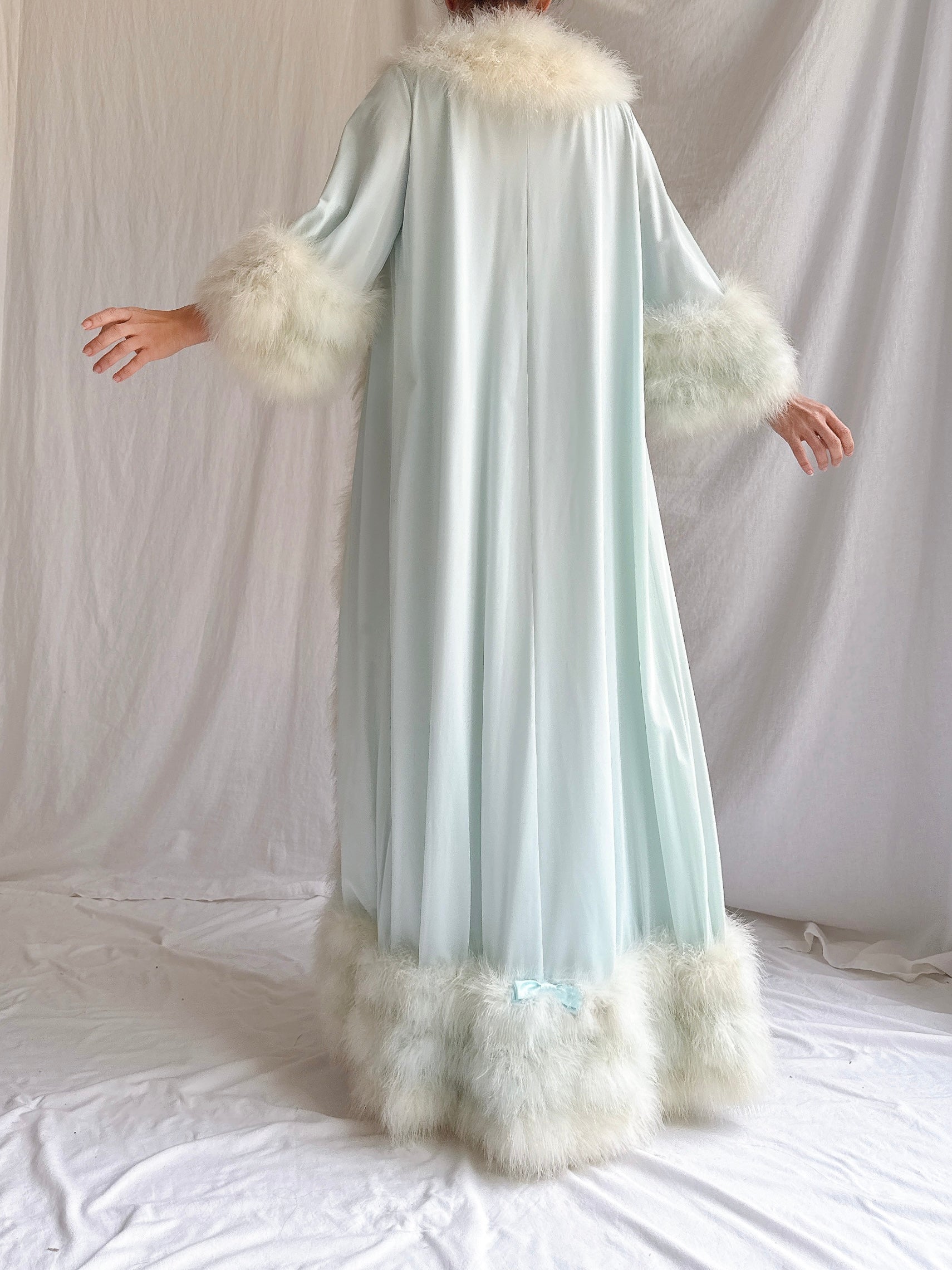 Rare 1960s Heft Baby Blue Marabou & Nylon Duster - OSFM