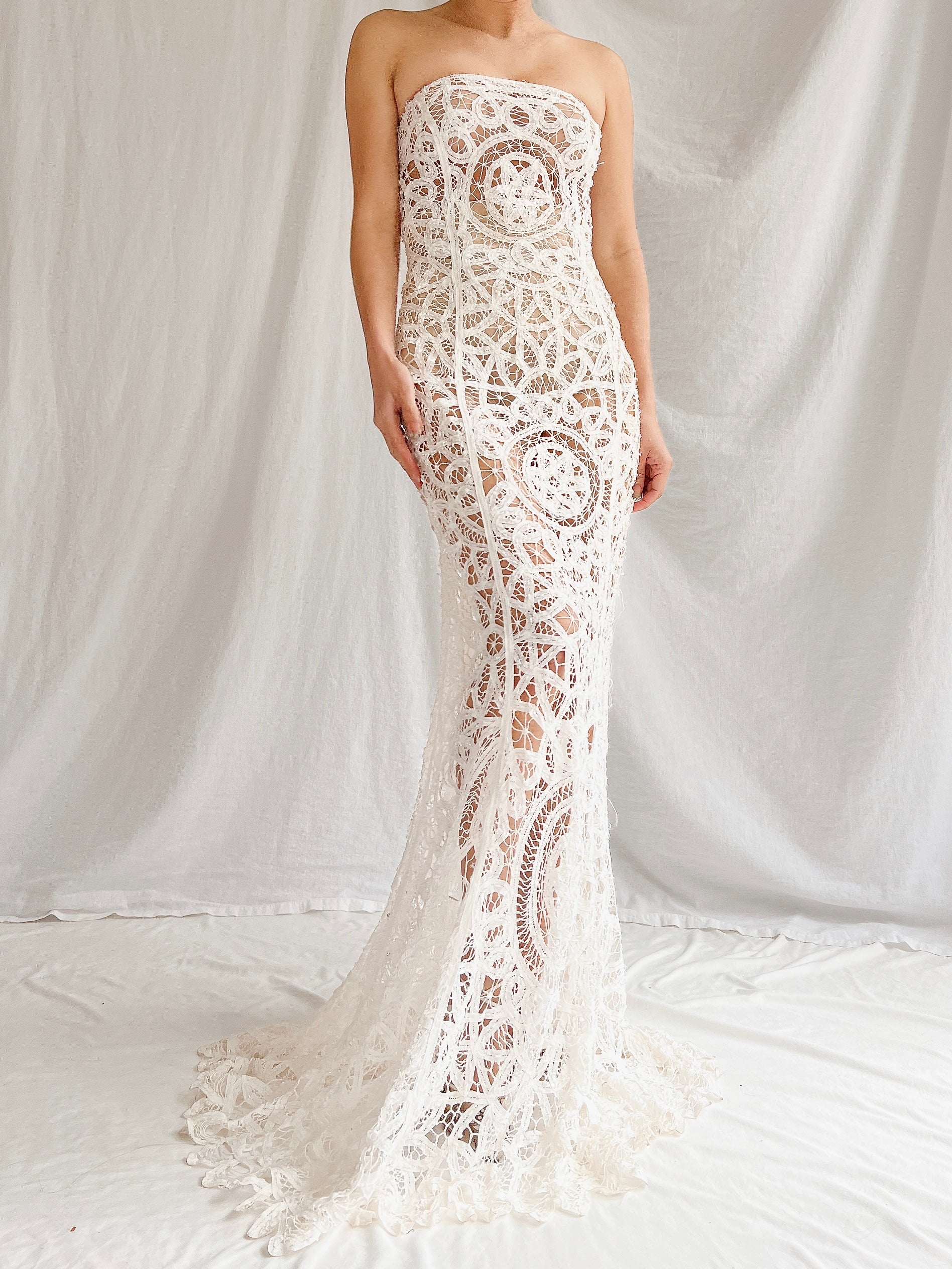 Vintage Sheer Tape Lace Strapless Gown - S Vintage Sheer Tape Lace Strapless Gown - S