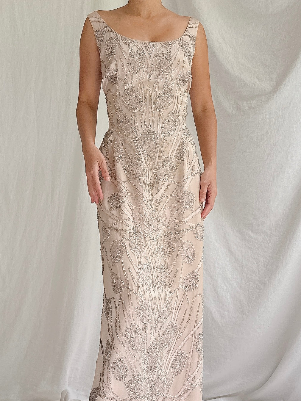 1960s Dusty Pink Silk Beaded Gown - M