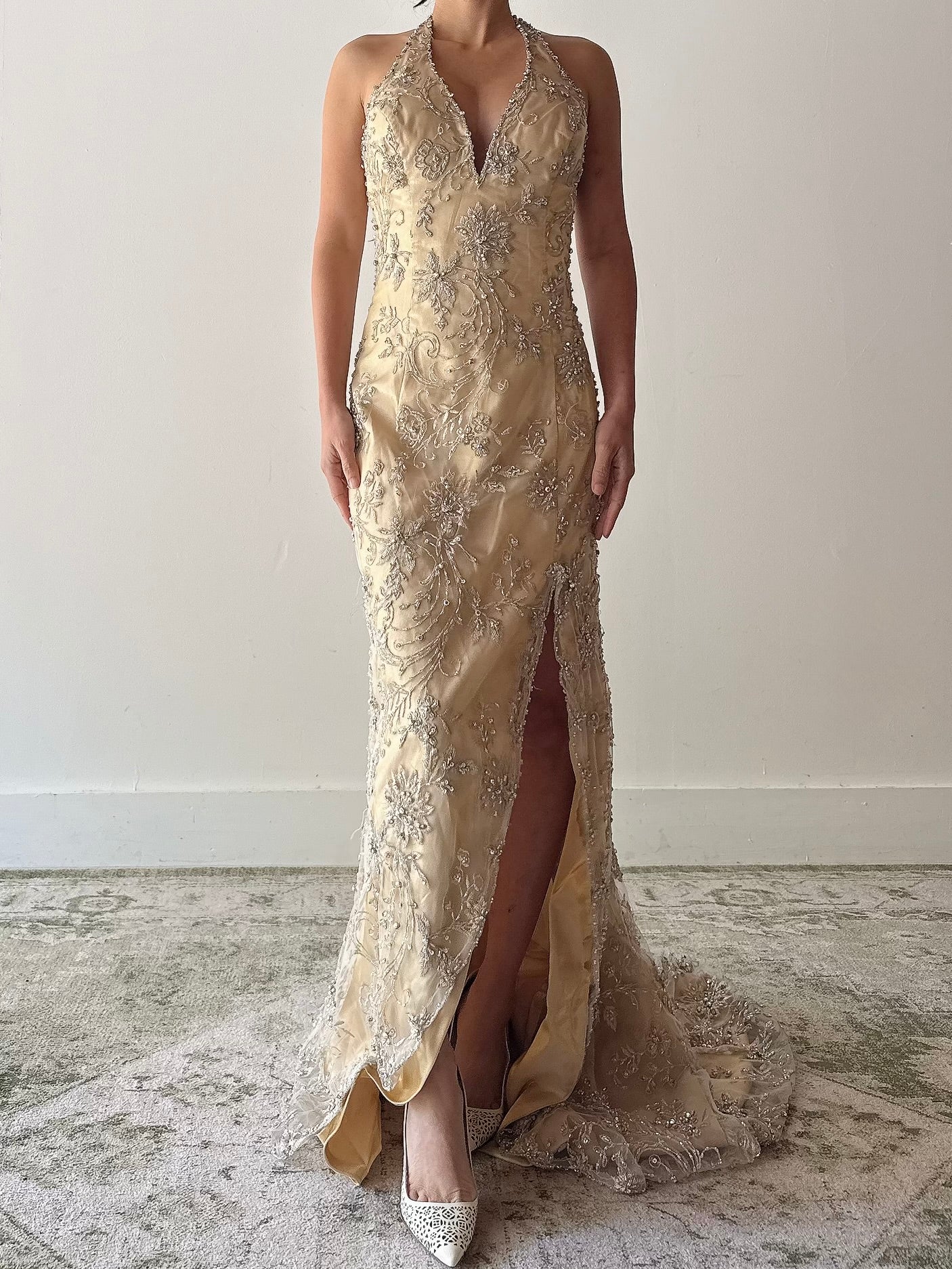 Vintage Gold Beaded Lace Halter Dress - Size 10