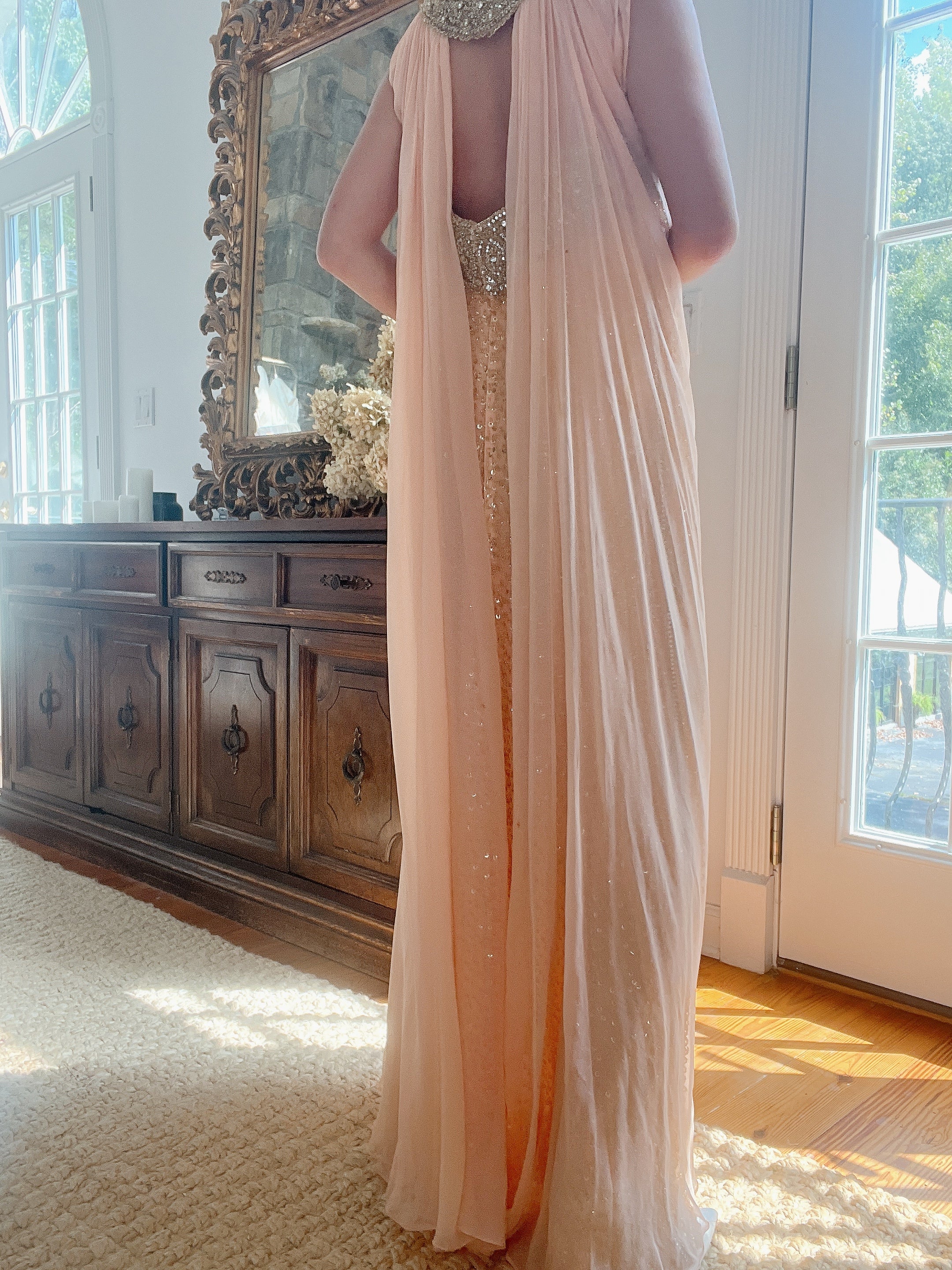 1960s Peach Beaded Gown & Cape - M/L