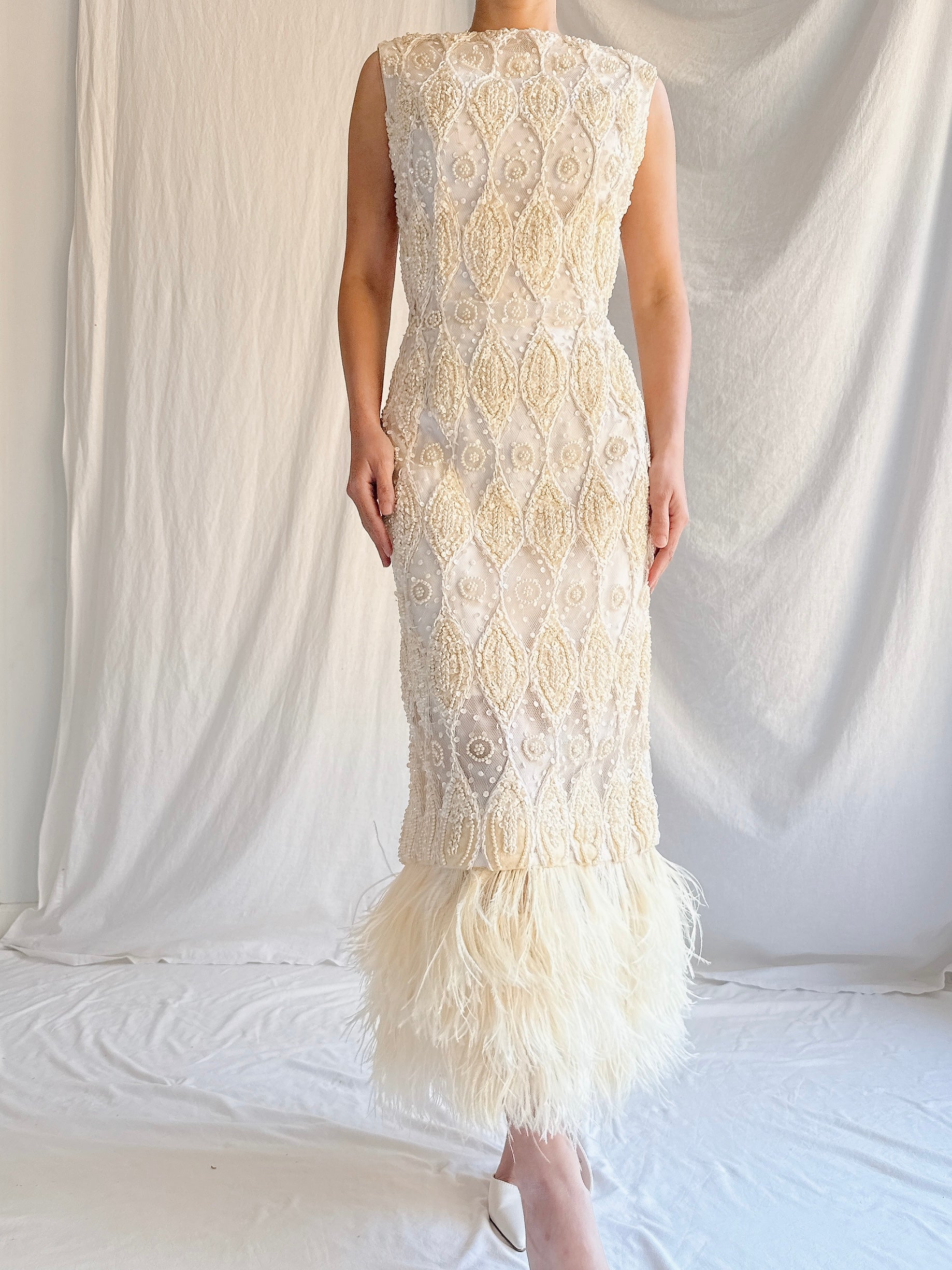 1960s Tulle Beaded Gown with Feather Embellishment - S 4-6