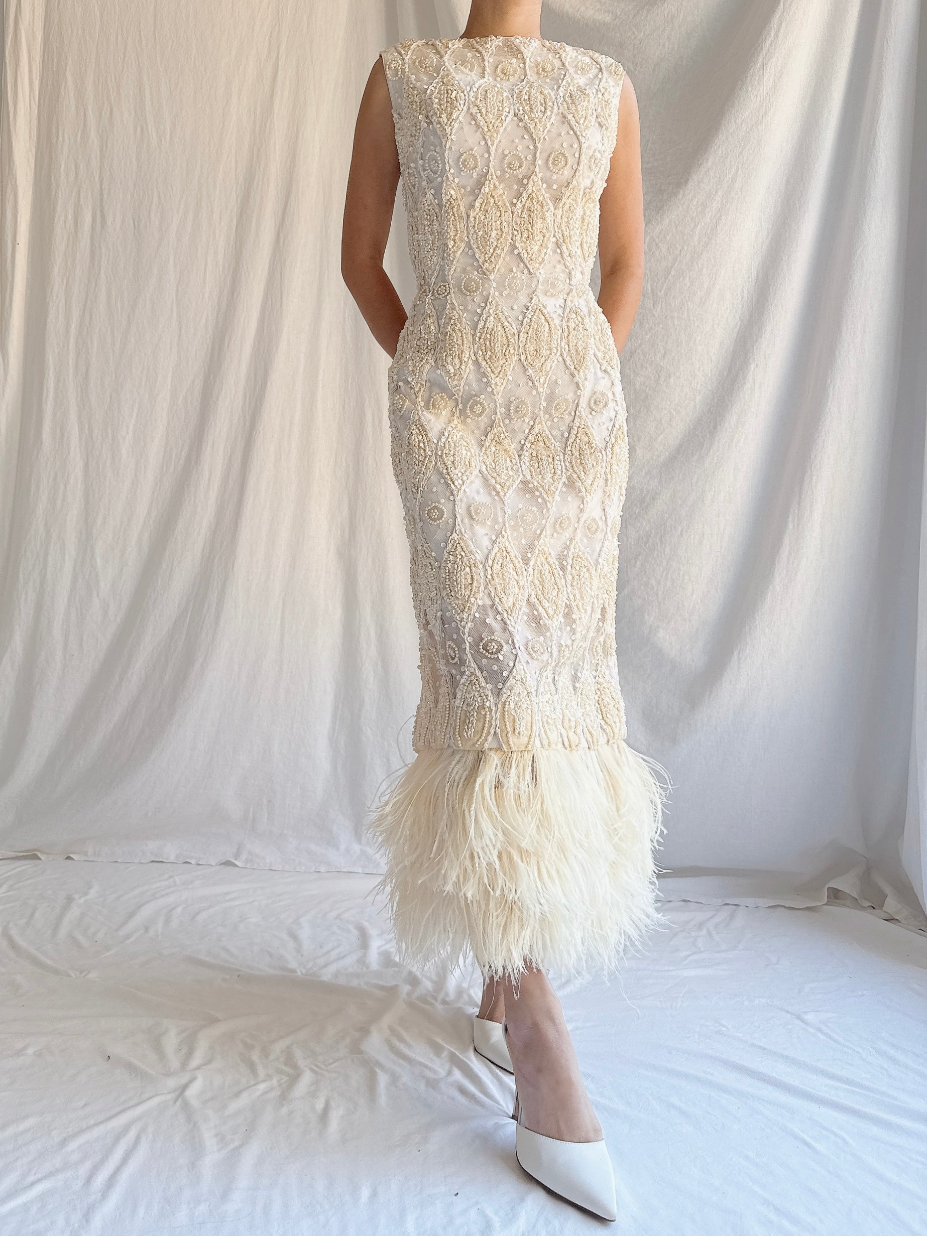 1960s Tulle Beaded Gown with Feather Embellishment - S 4-6