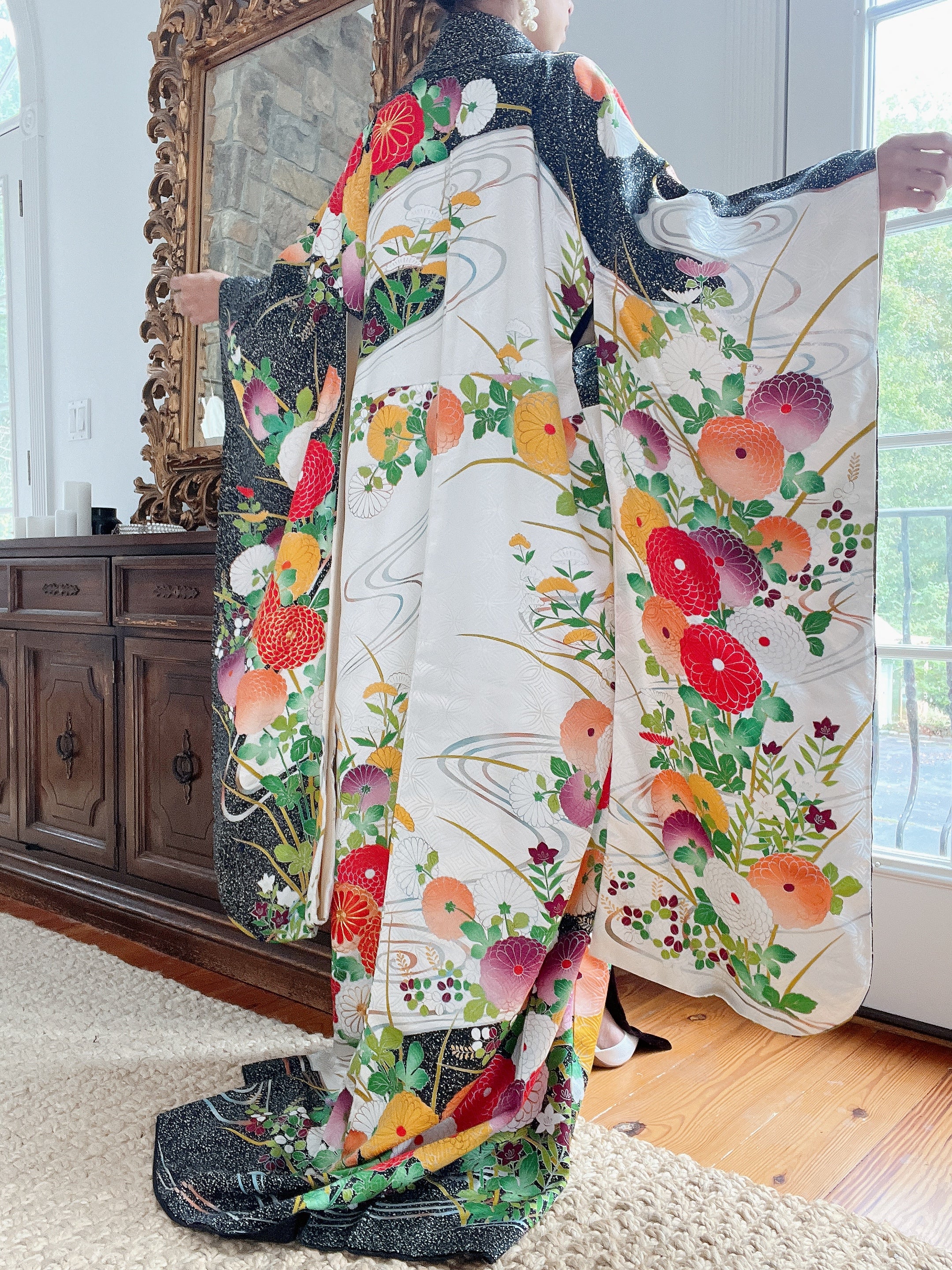 Vintage Silk Black and Green Floral Kimono - OSFA