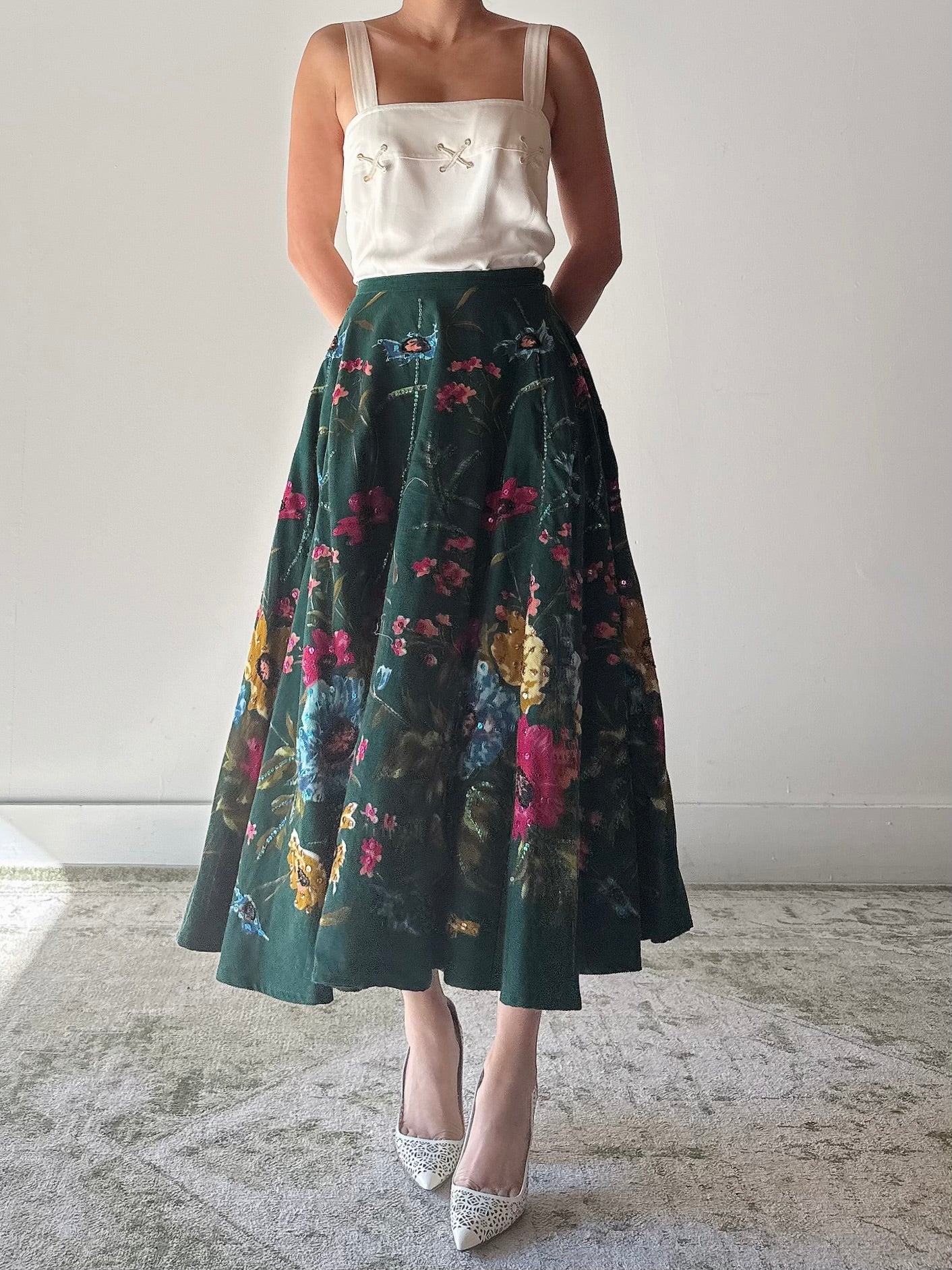 Vintage Monica Velvet Beaded Floral Skirt - M