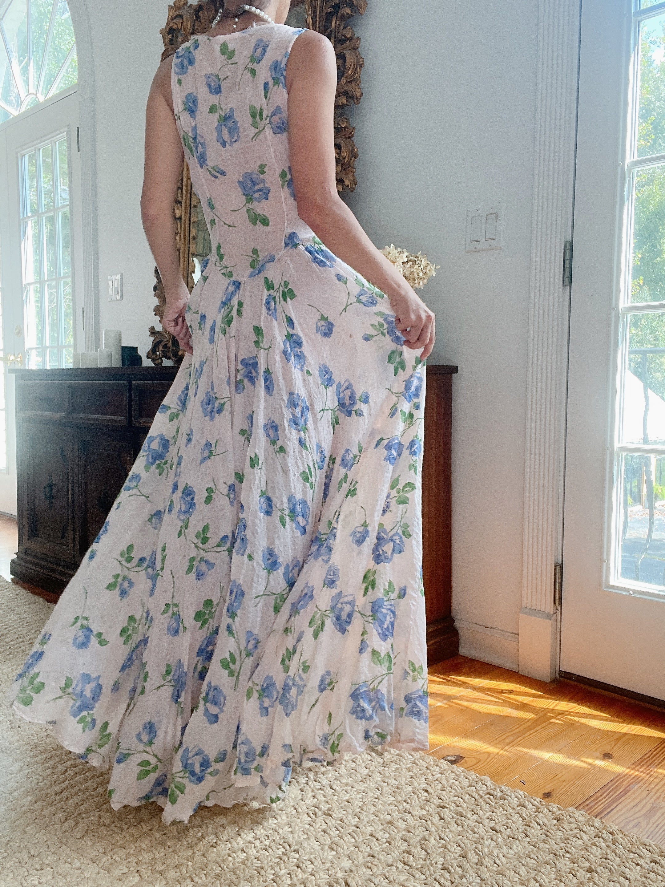 1940s Blue Floral Dress - M