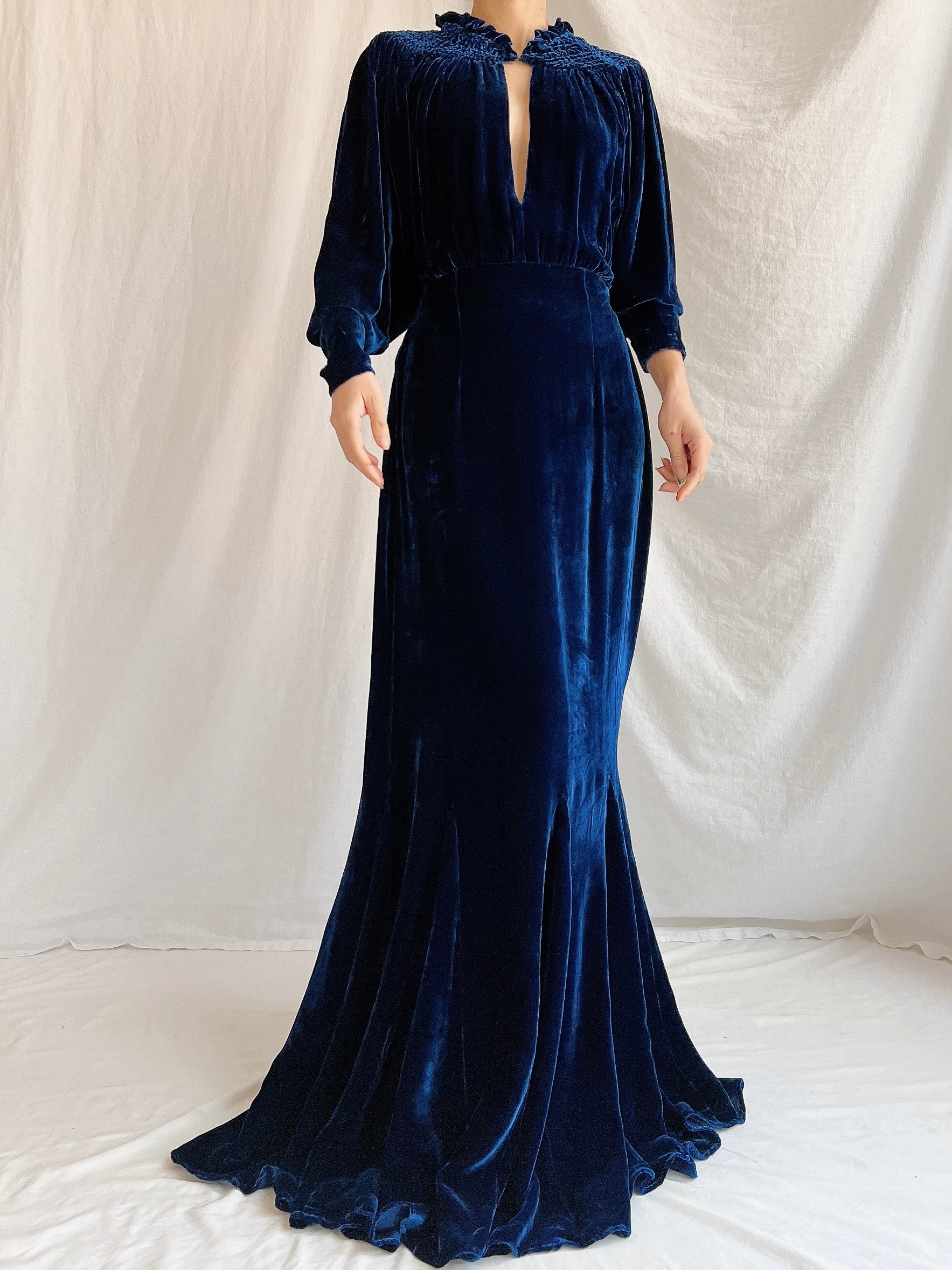 1930s Sapphire Silk Velvet Gown - M