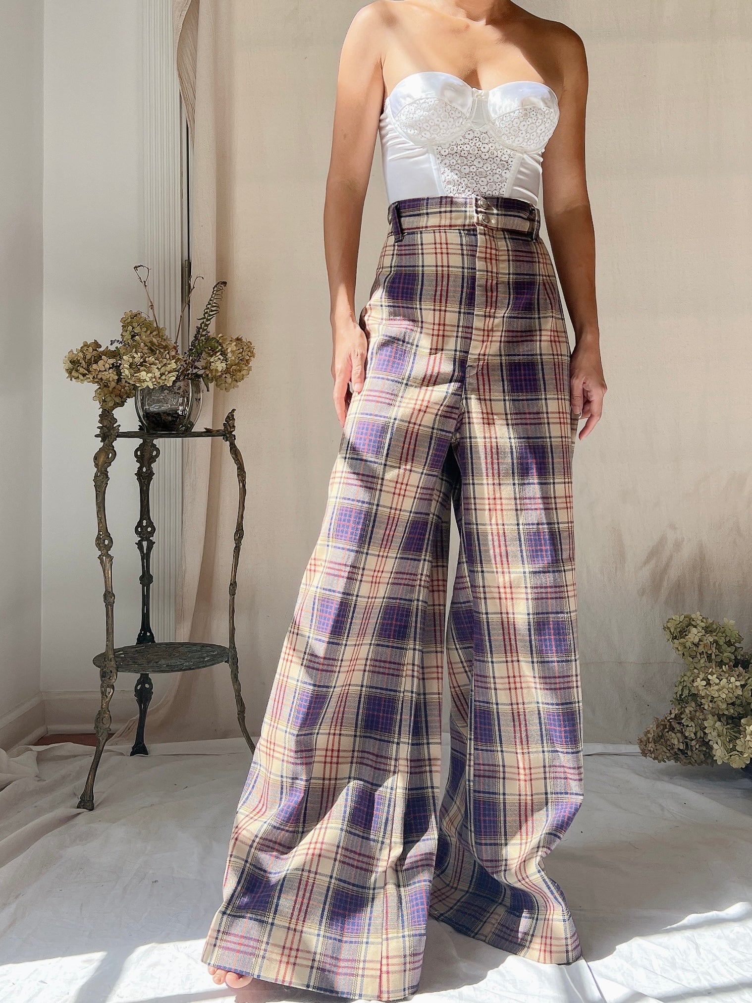 1970s Plaid High Waisted Trousers - M 30”