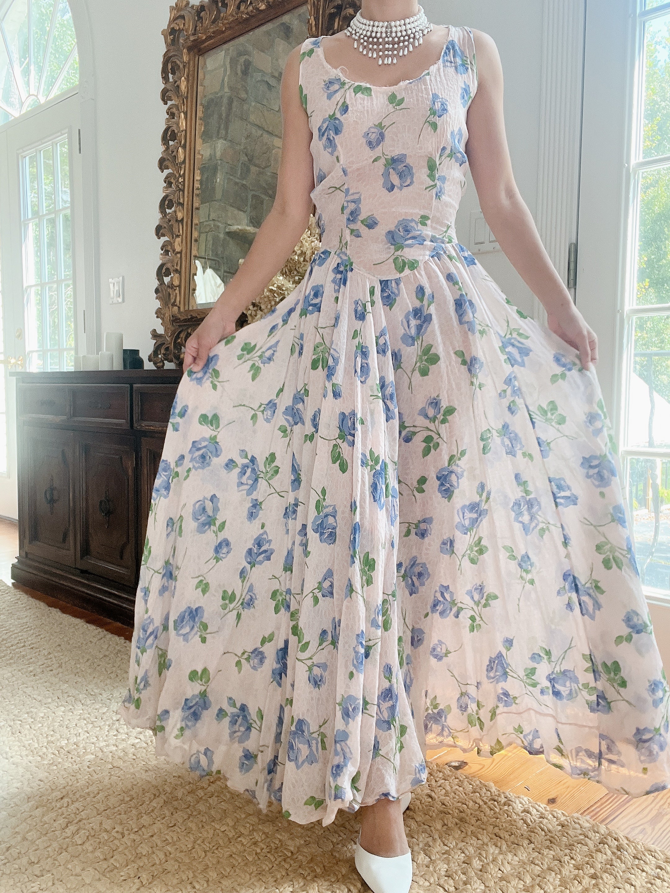 1940s Blue Floral Dress - M