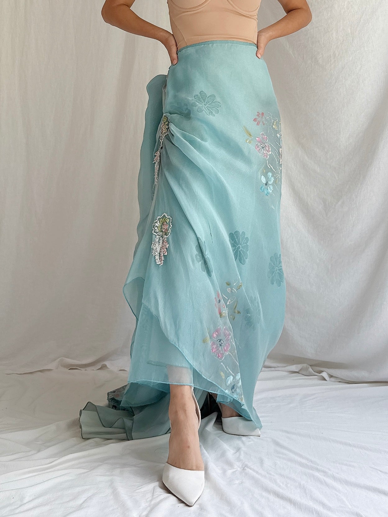 Vintage Painted Silk Organza Skirt - L