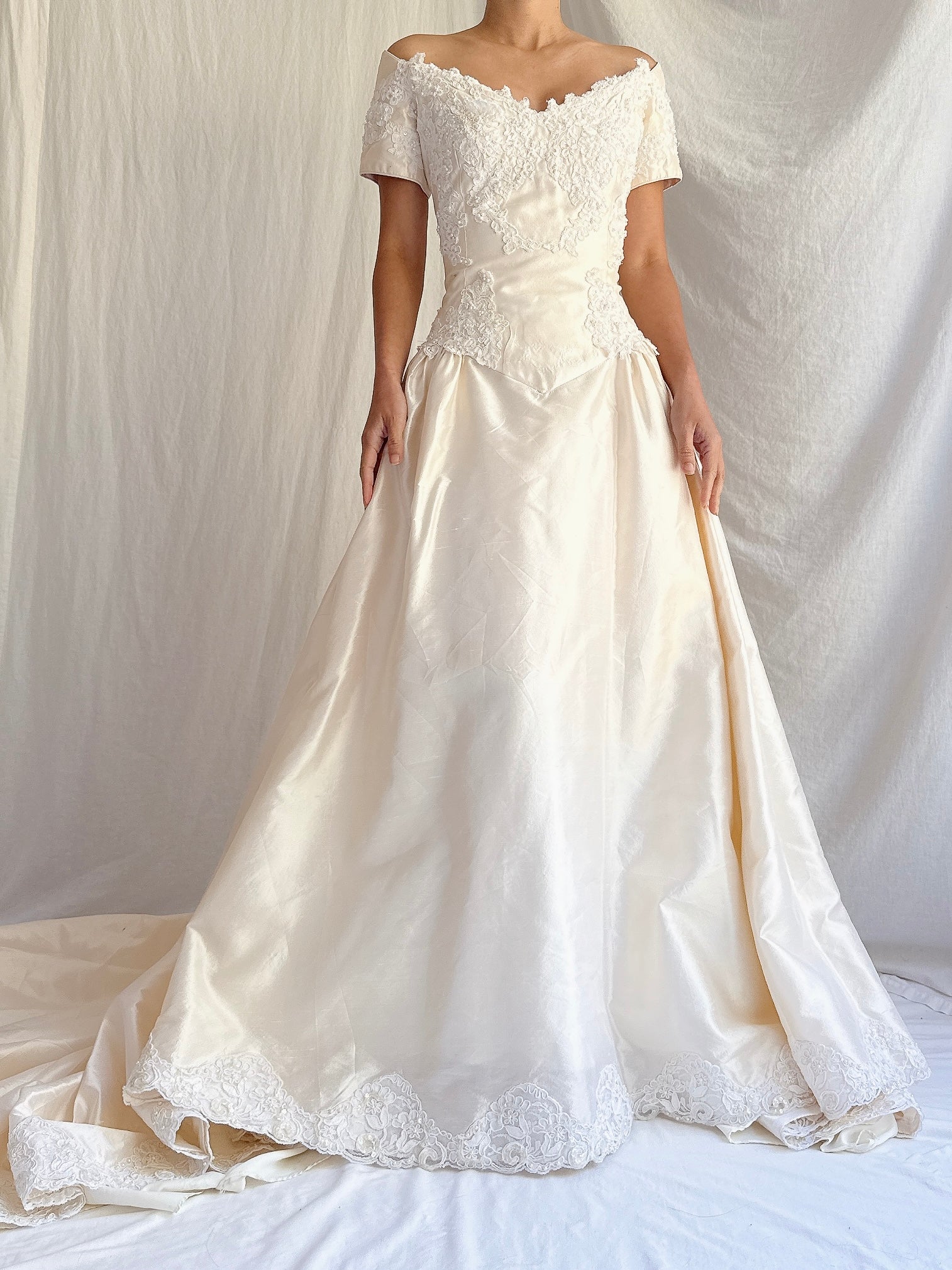Vintage Wide Neck Lace Embellished Gown - S