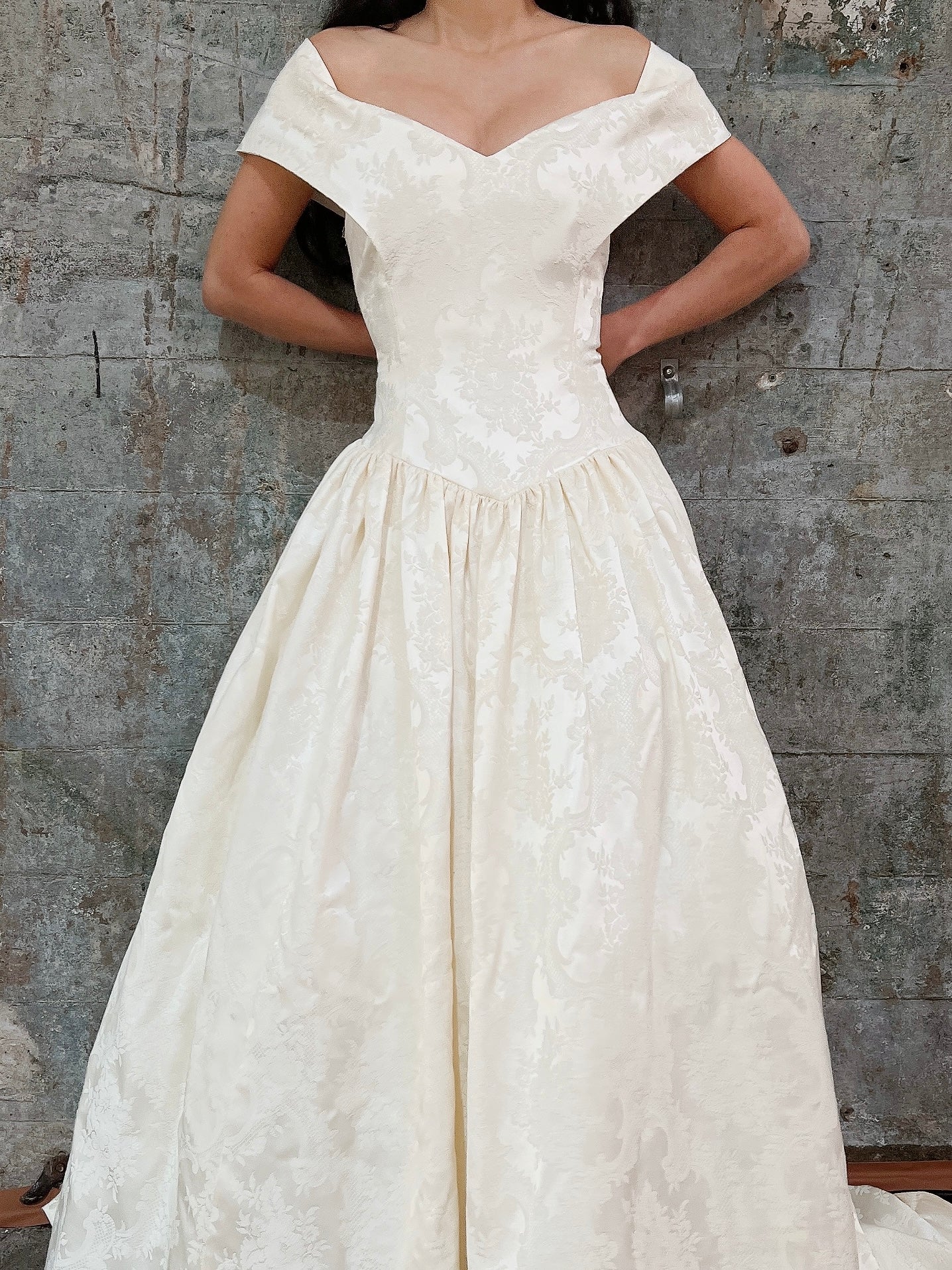 Vintage Brocade Off-the-Shoulder Gown with Train - M