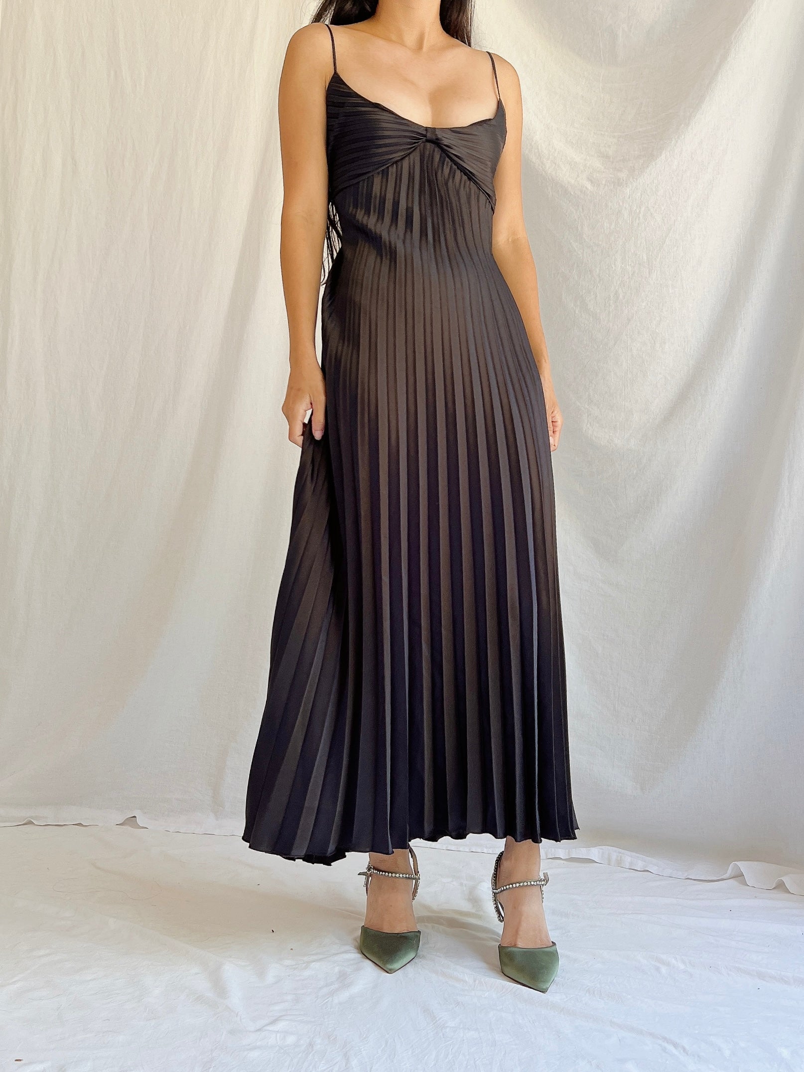 Vintage Black Pleated Slip Dress - M