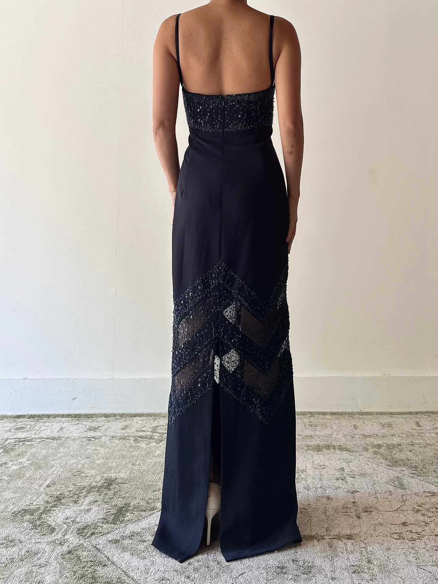 Vintage Navy Blue Rayon Beaded Dress - M