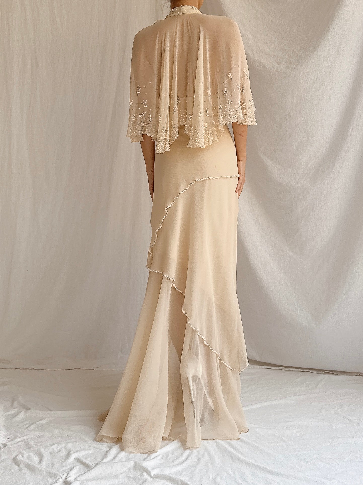 Vintage Almond Silk Cape Gown - M