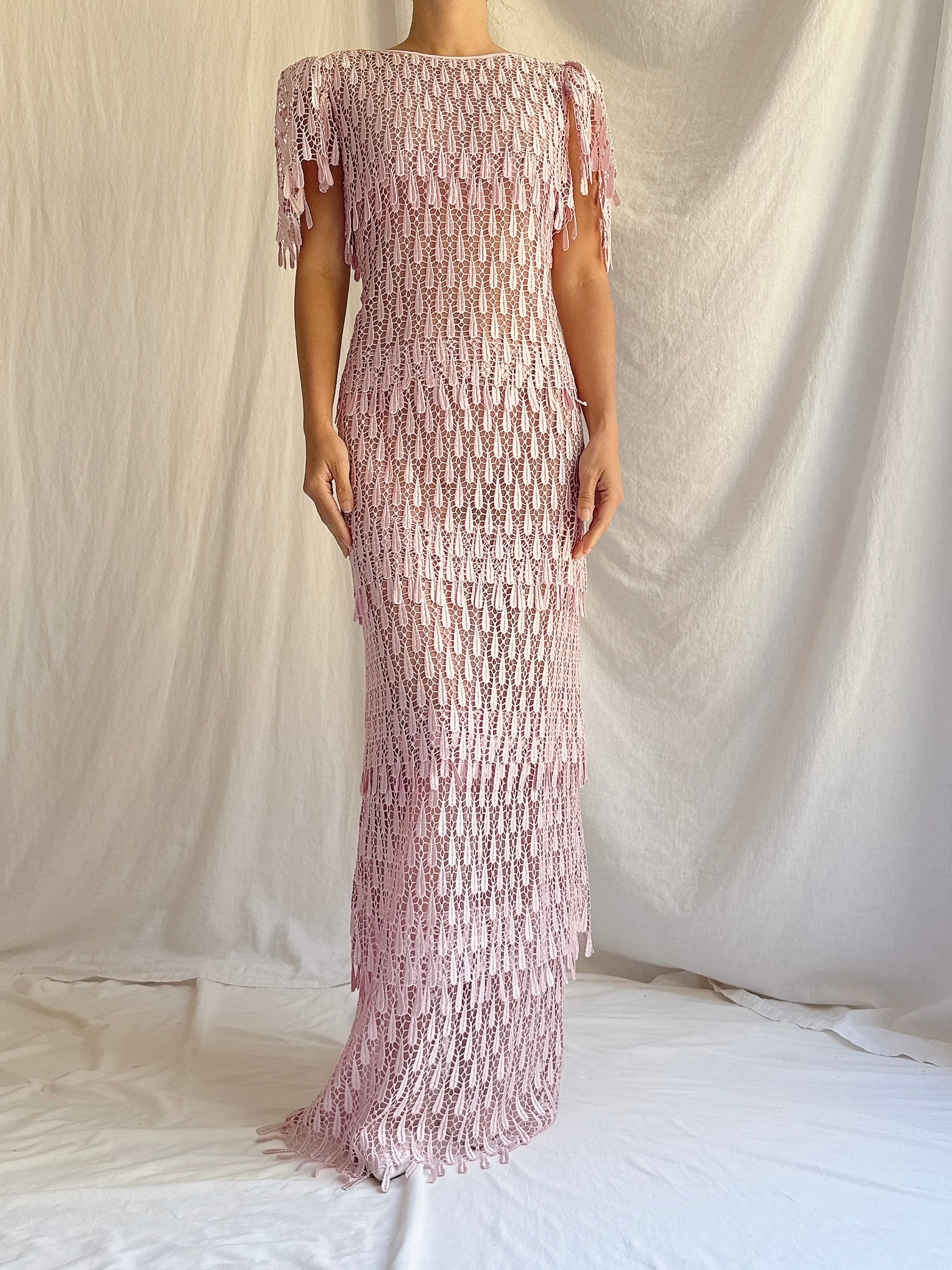 Vintage Sheer Pink Embroidered Lace Dress - S/M