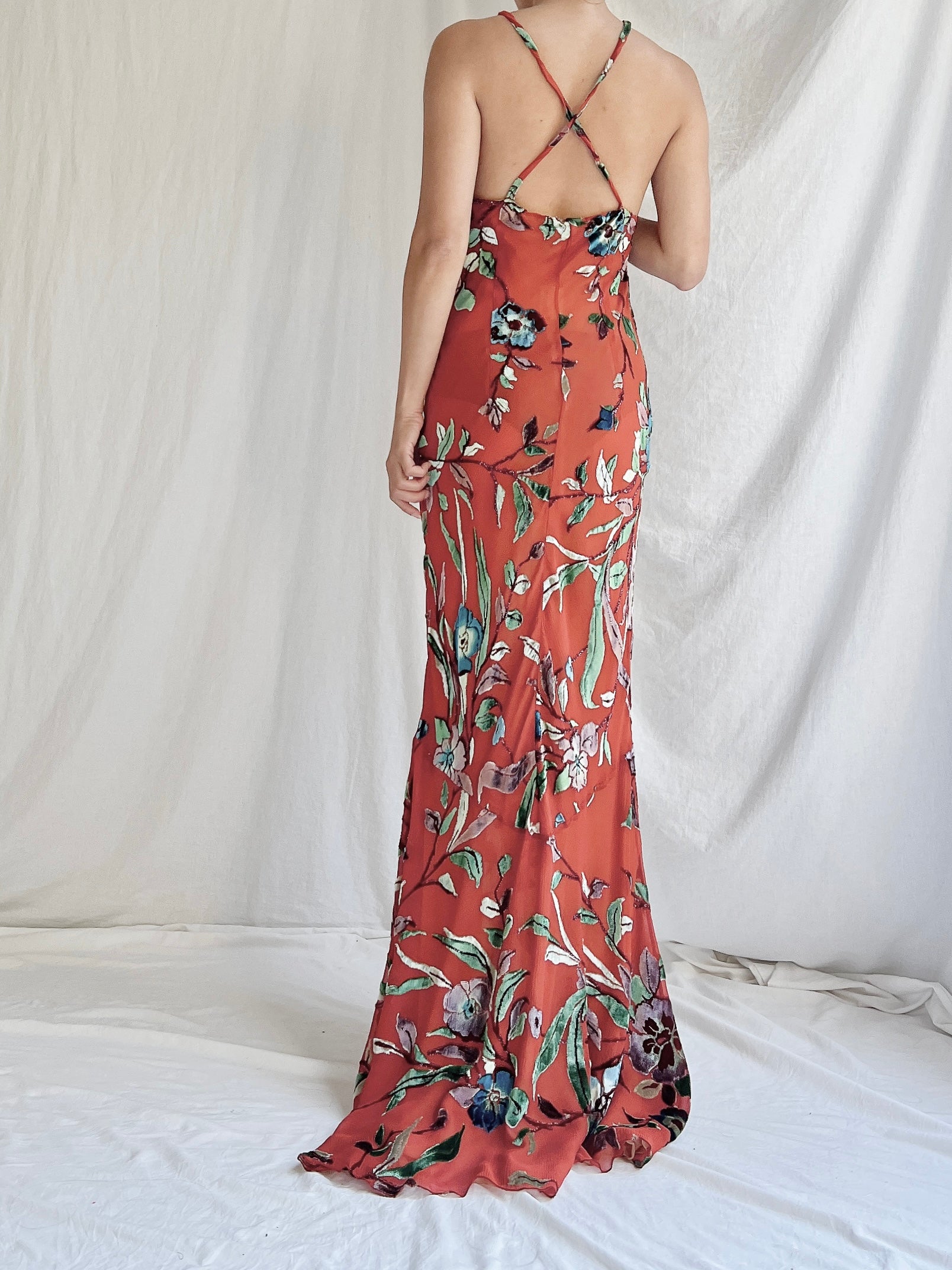 Vintage Silk Halter Velvet Devore Gown - M/L