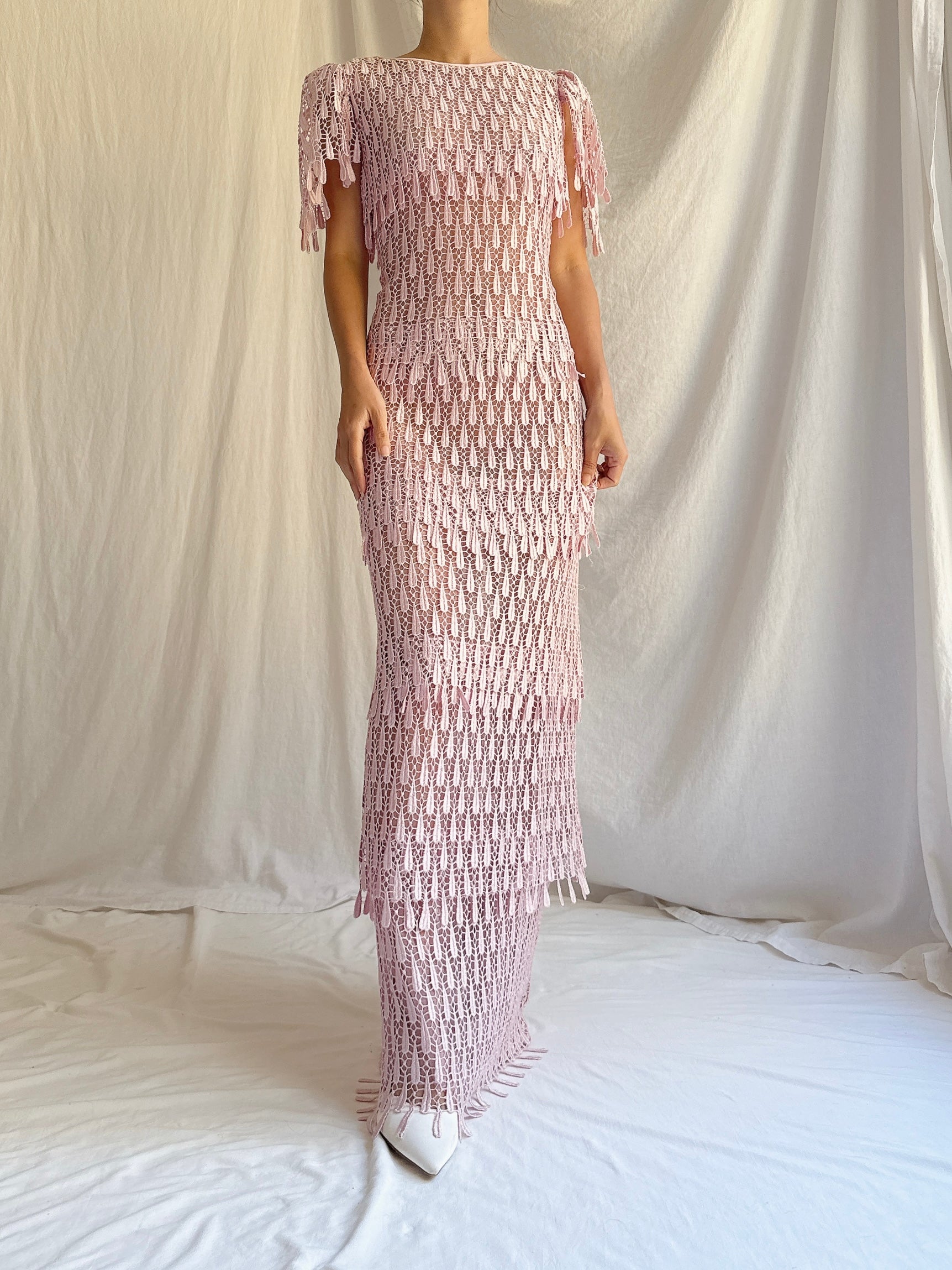 Vintage Sheer Pink Embroidered Lace Dress - S/M