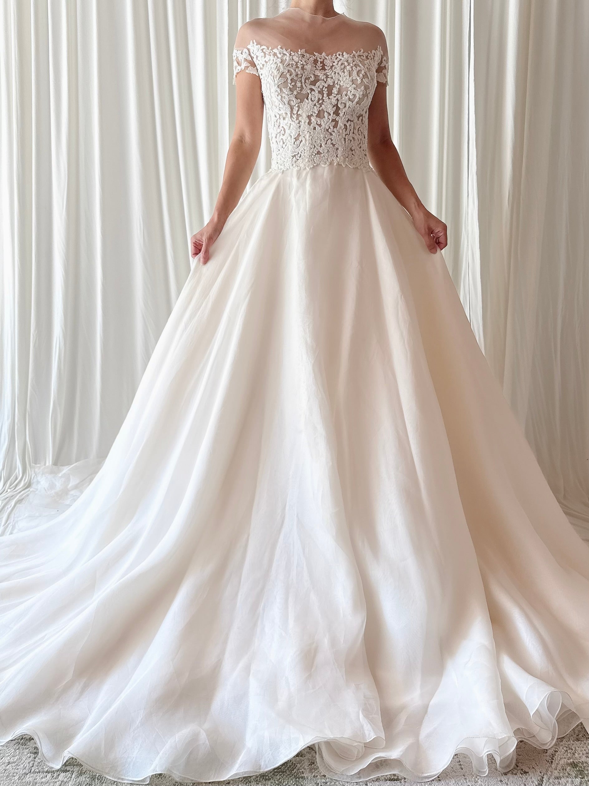 00 Reem Acra Silk Organza Illusion Lace Gown - M/6