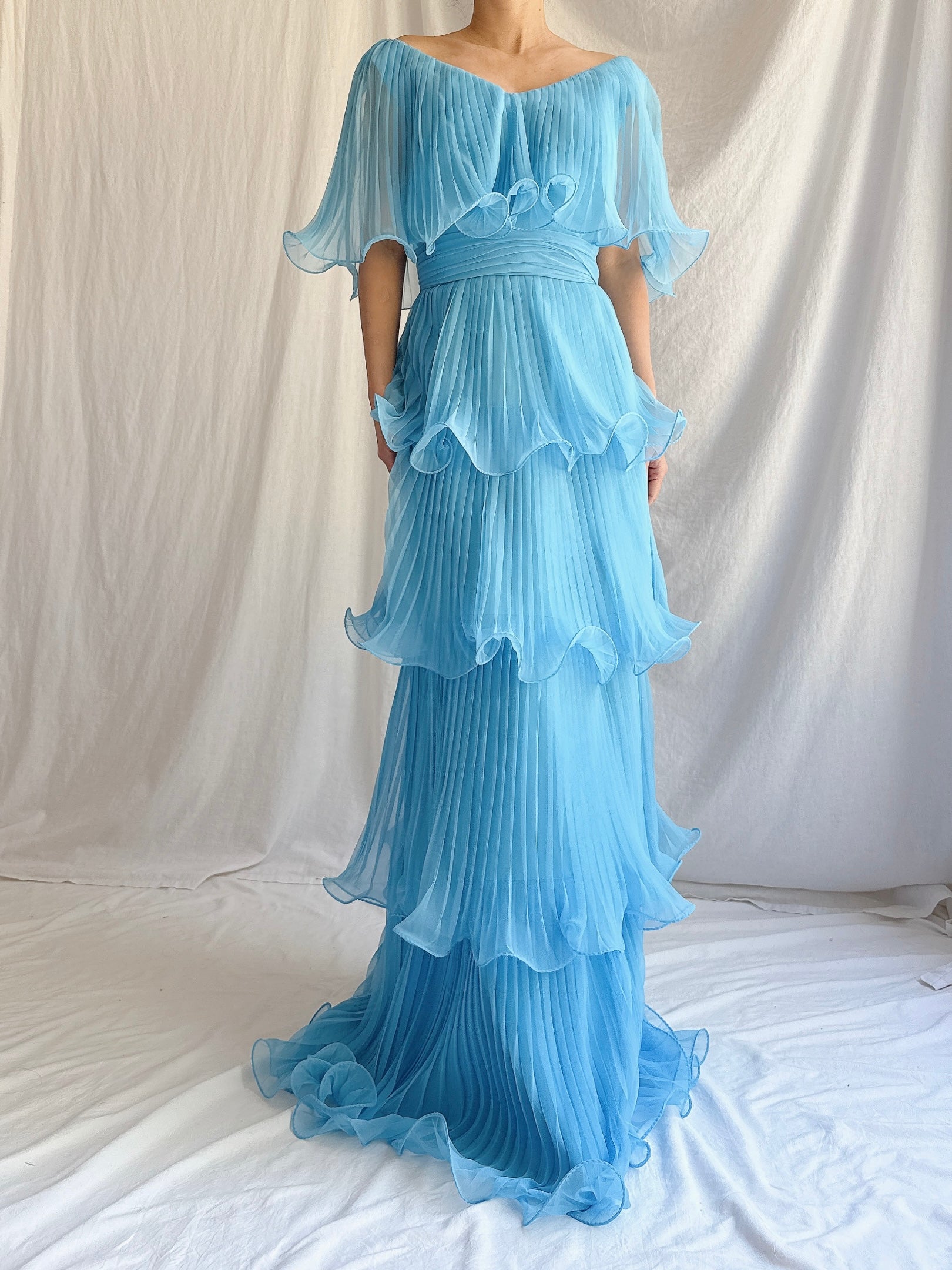 1970s Blue Tiered Dress - S
