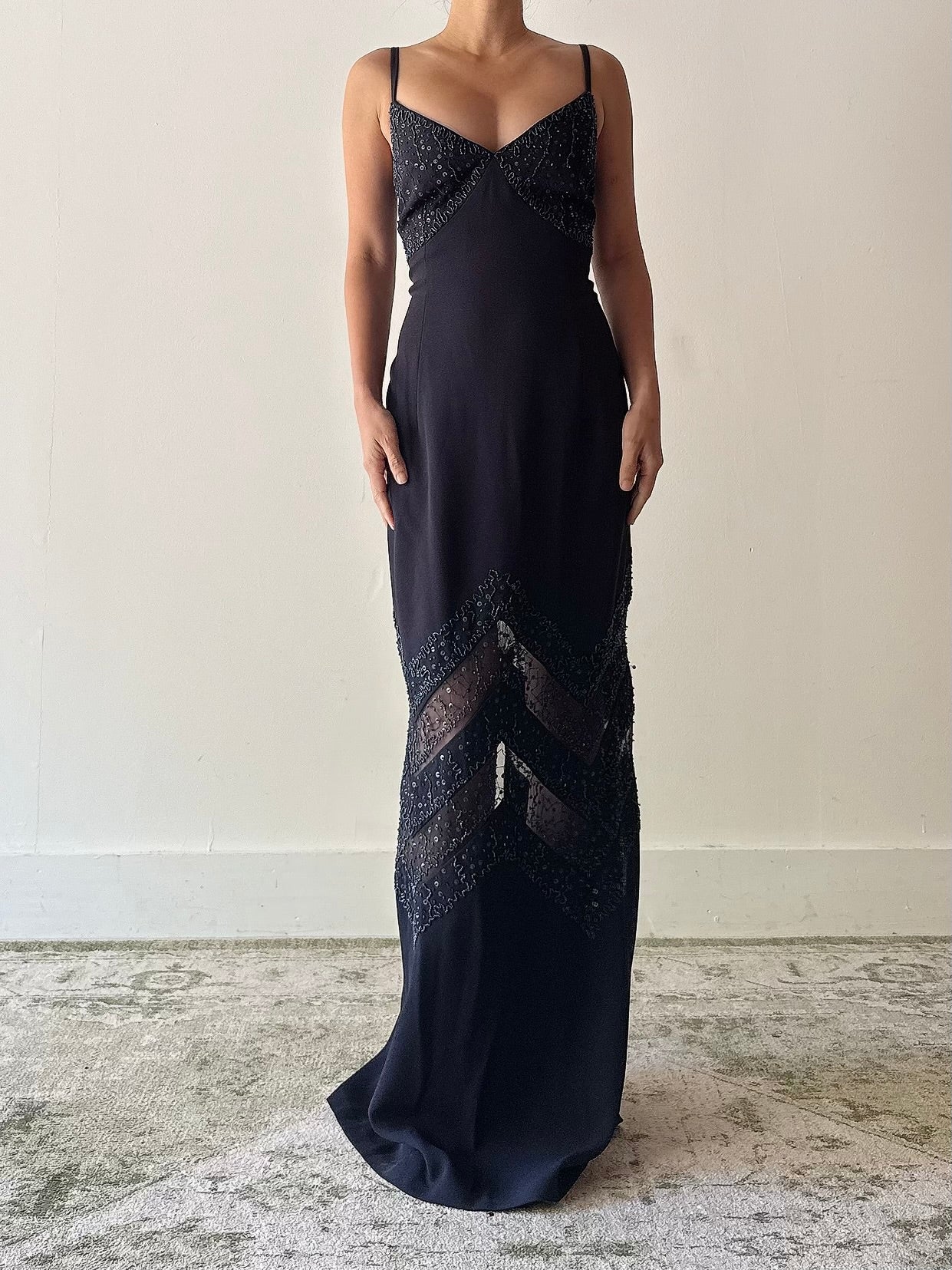 Vintage Navy Blue Rayon Beaded Dress - M