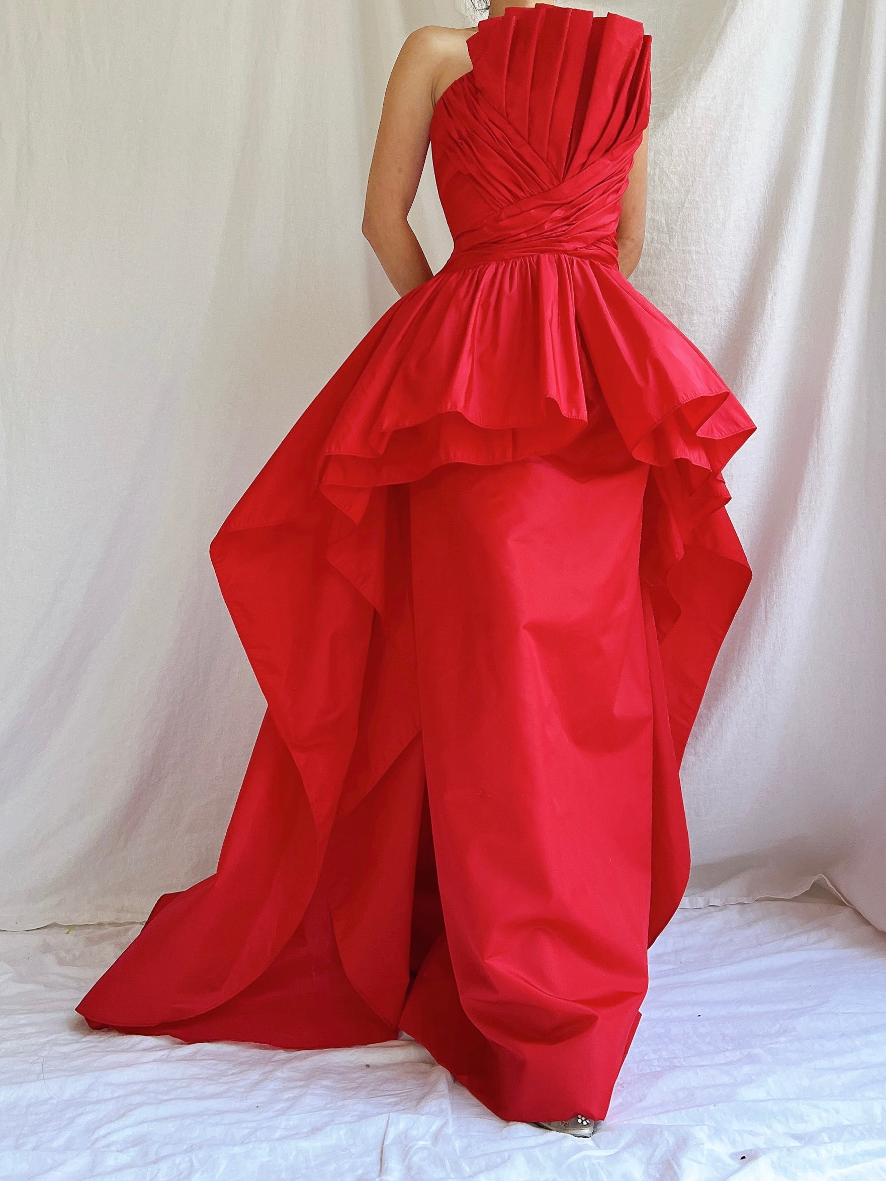 Vintage Victor Costa Rose Red Pleated Column Gown - M
