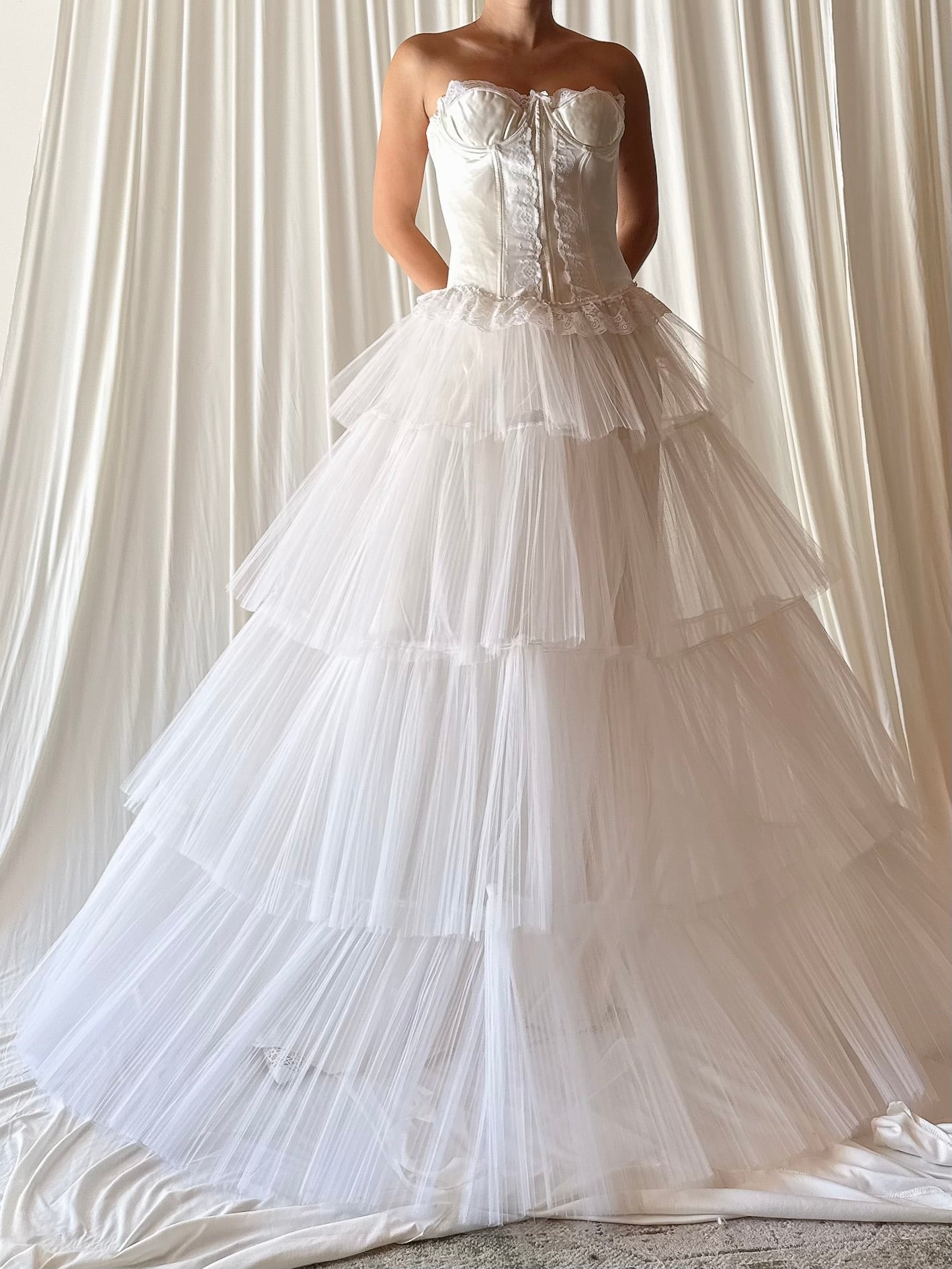 1950s Pleated Tiered Tulle Gown with Bustier - XS
