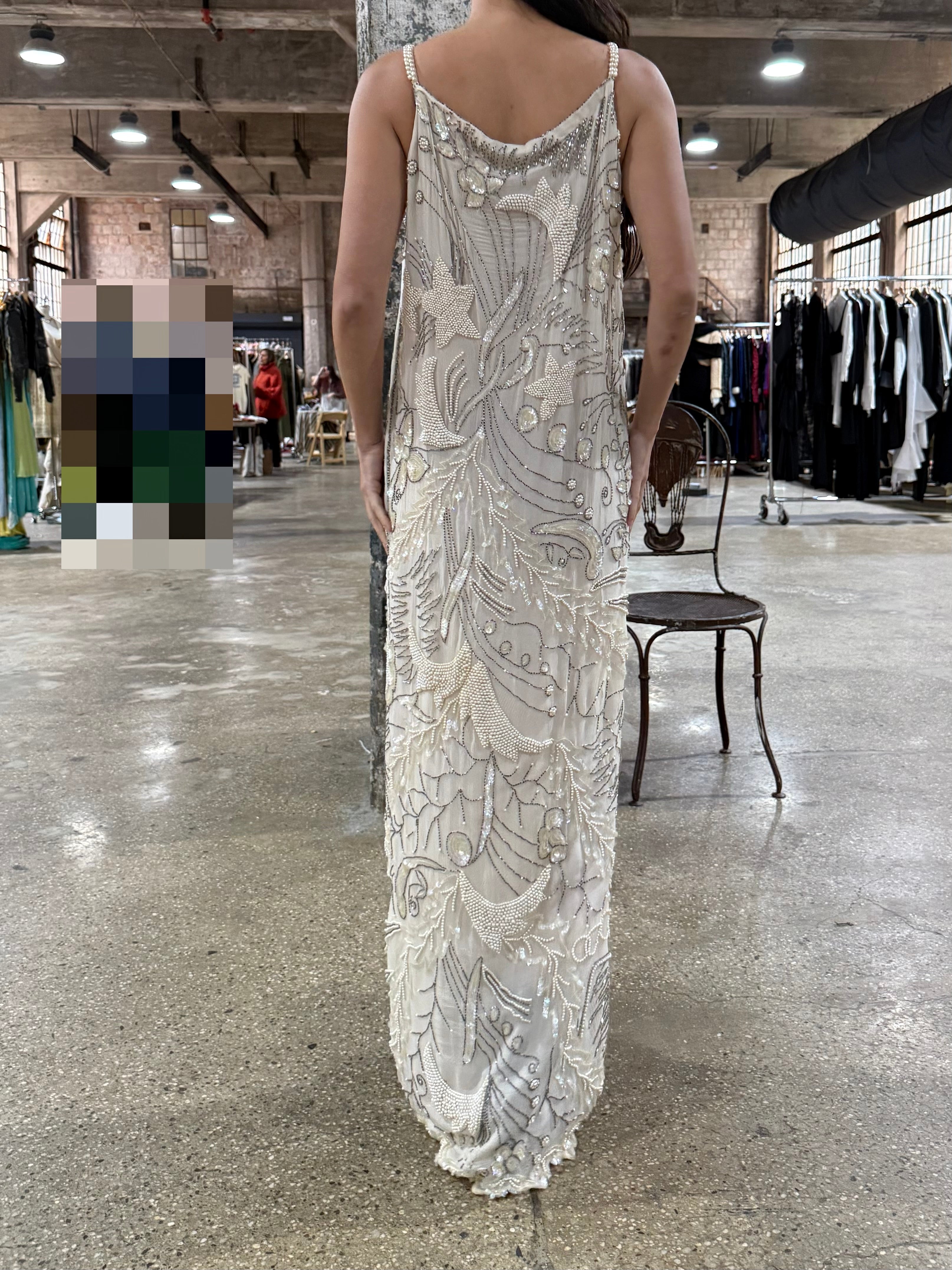 1980s Silk Chiffon Seed Pearls Stars Dress - S