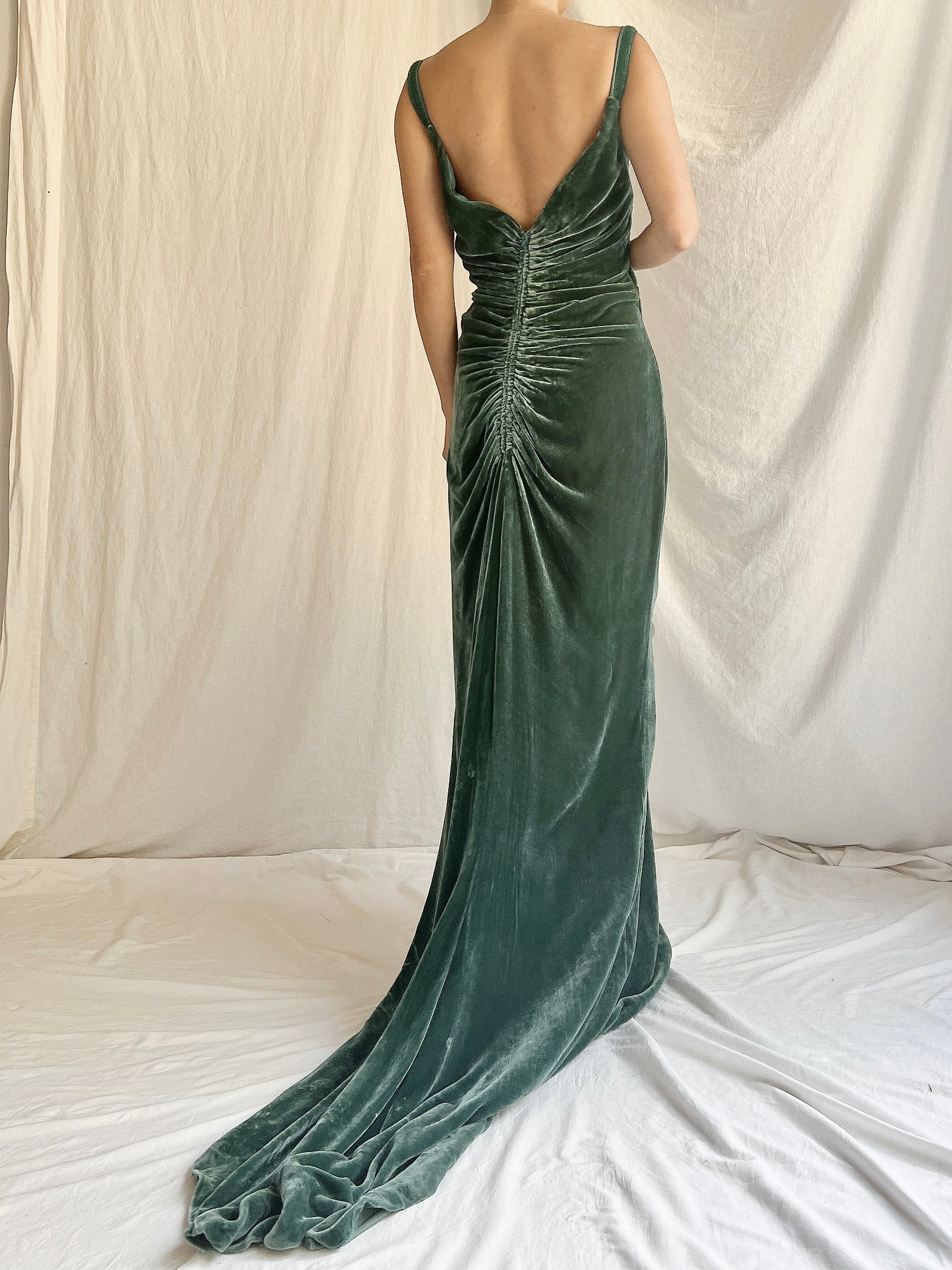 Vintage Moss Green Bellville Sassoon Silk Velvet Gown - L