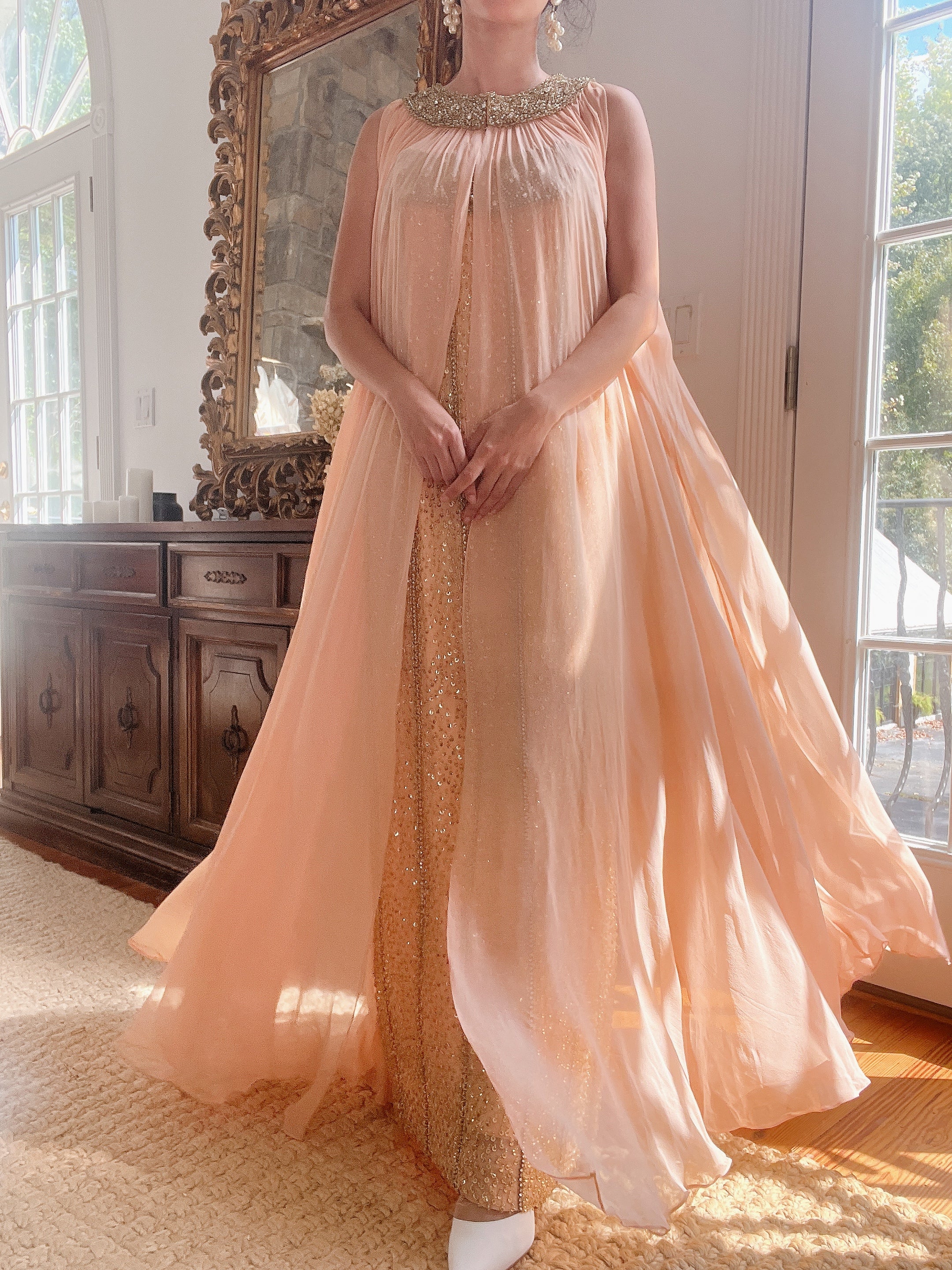 1960s Peach Beaded Gown & Cape - M/L