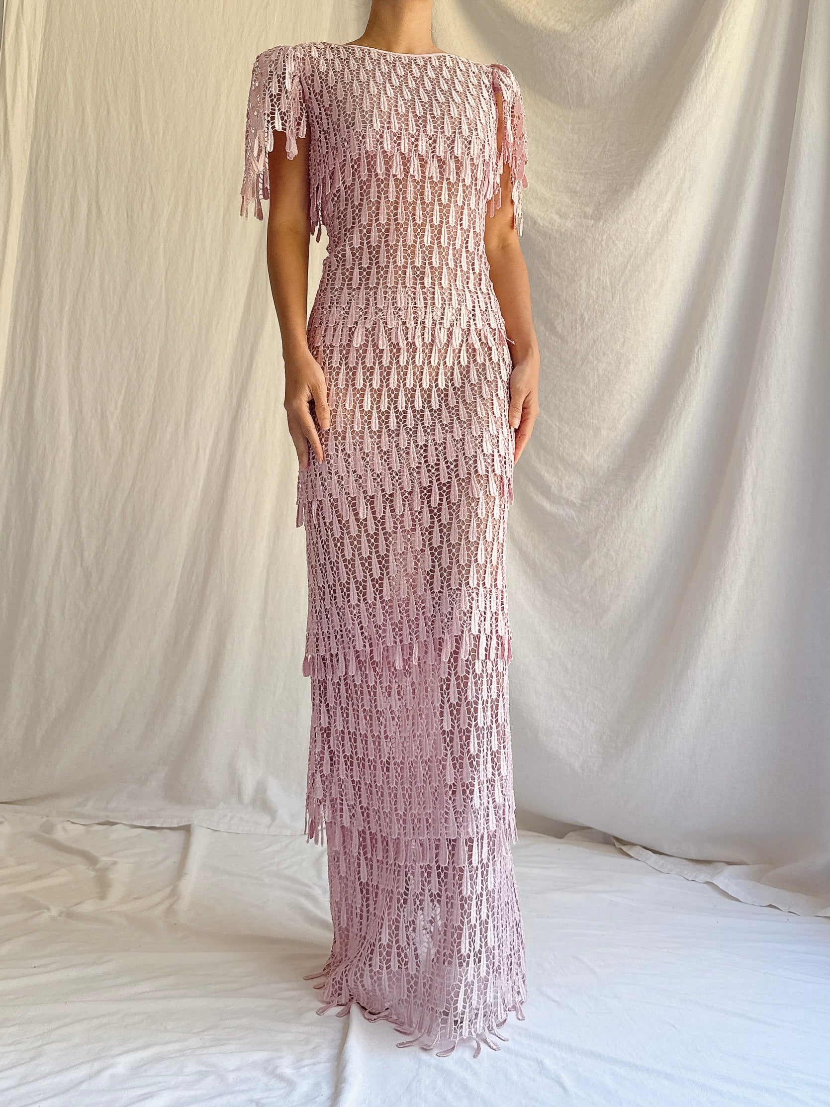 Vintage Sheer Pink Embroidered Lace Dress - S/M