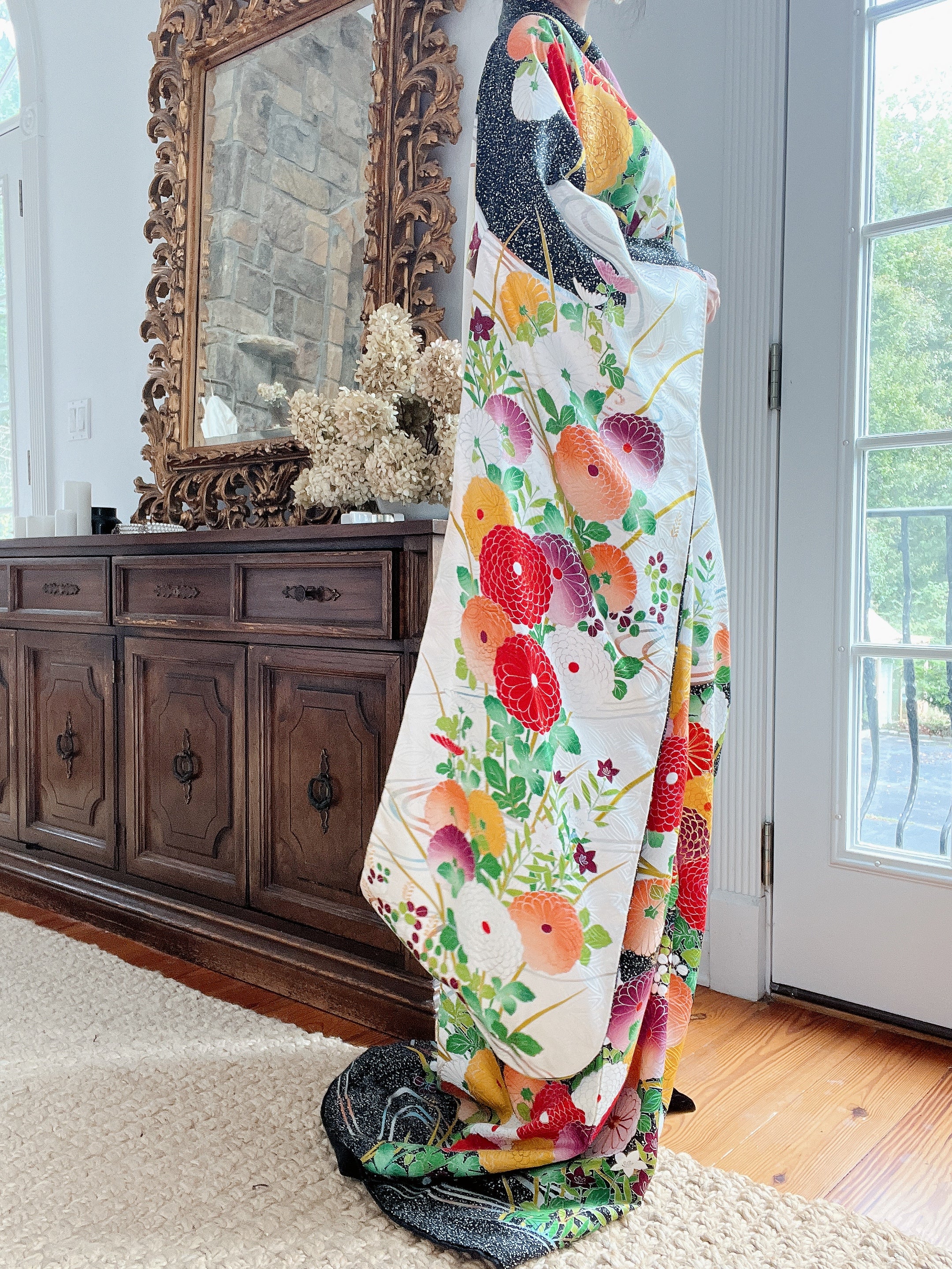 Vintage Silk Black and Green Floral Kimono - OSFA