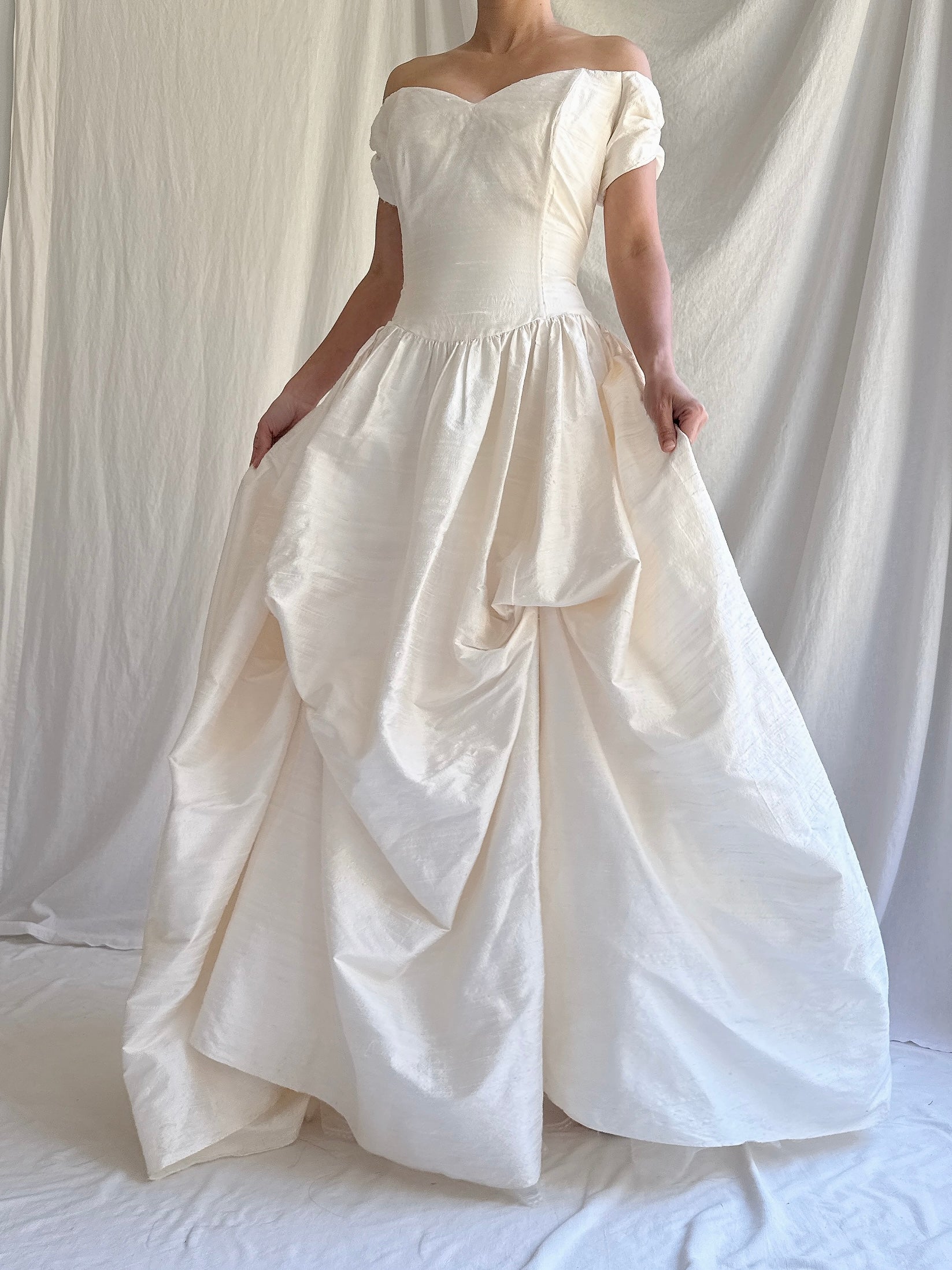 Vintage Raw Silk Off-the-Shoulder Dress - M